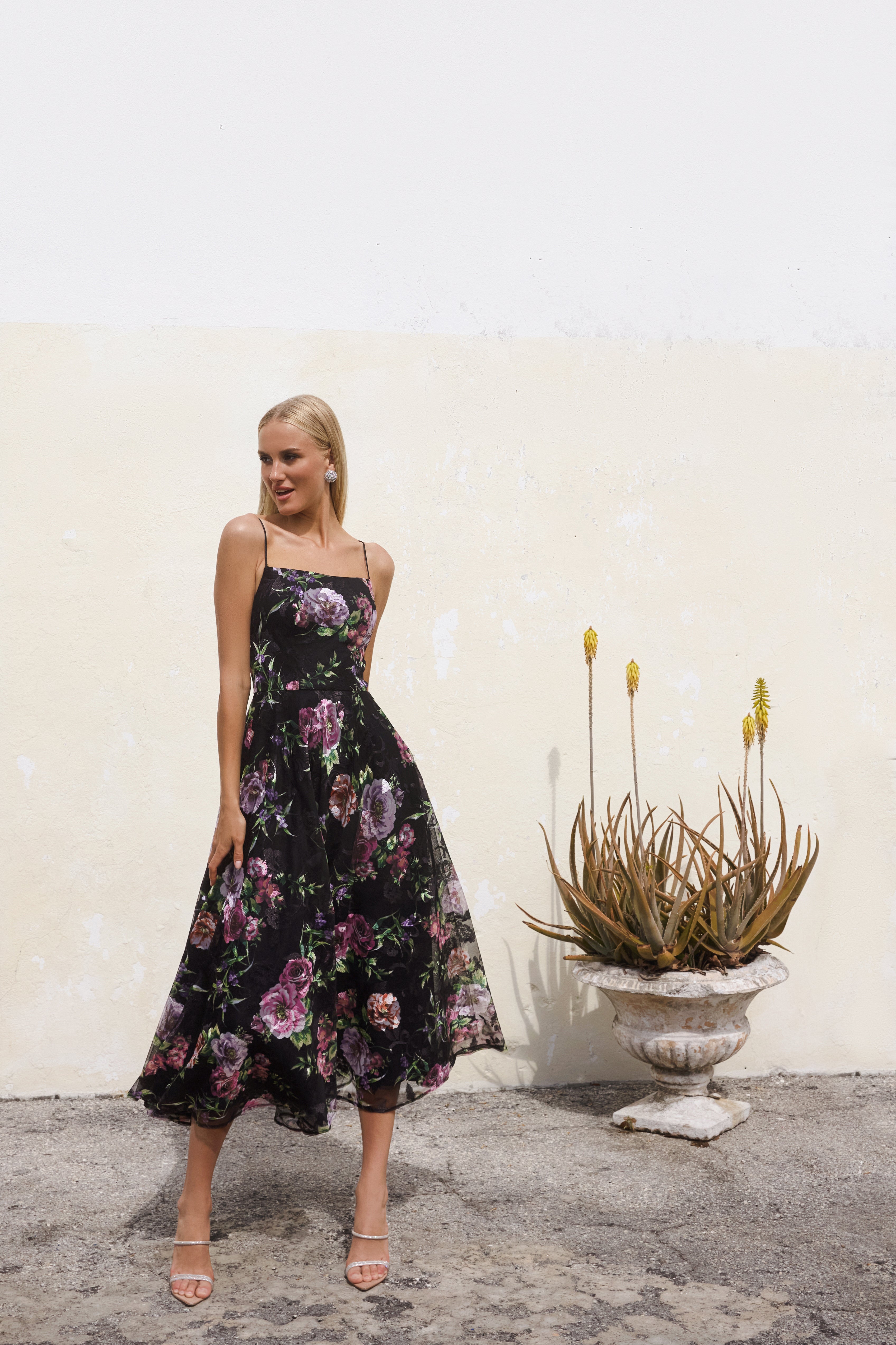 "Colleen" Print Mesh Spaghetti Strap Midi Dress