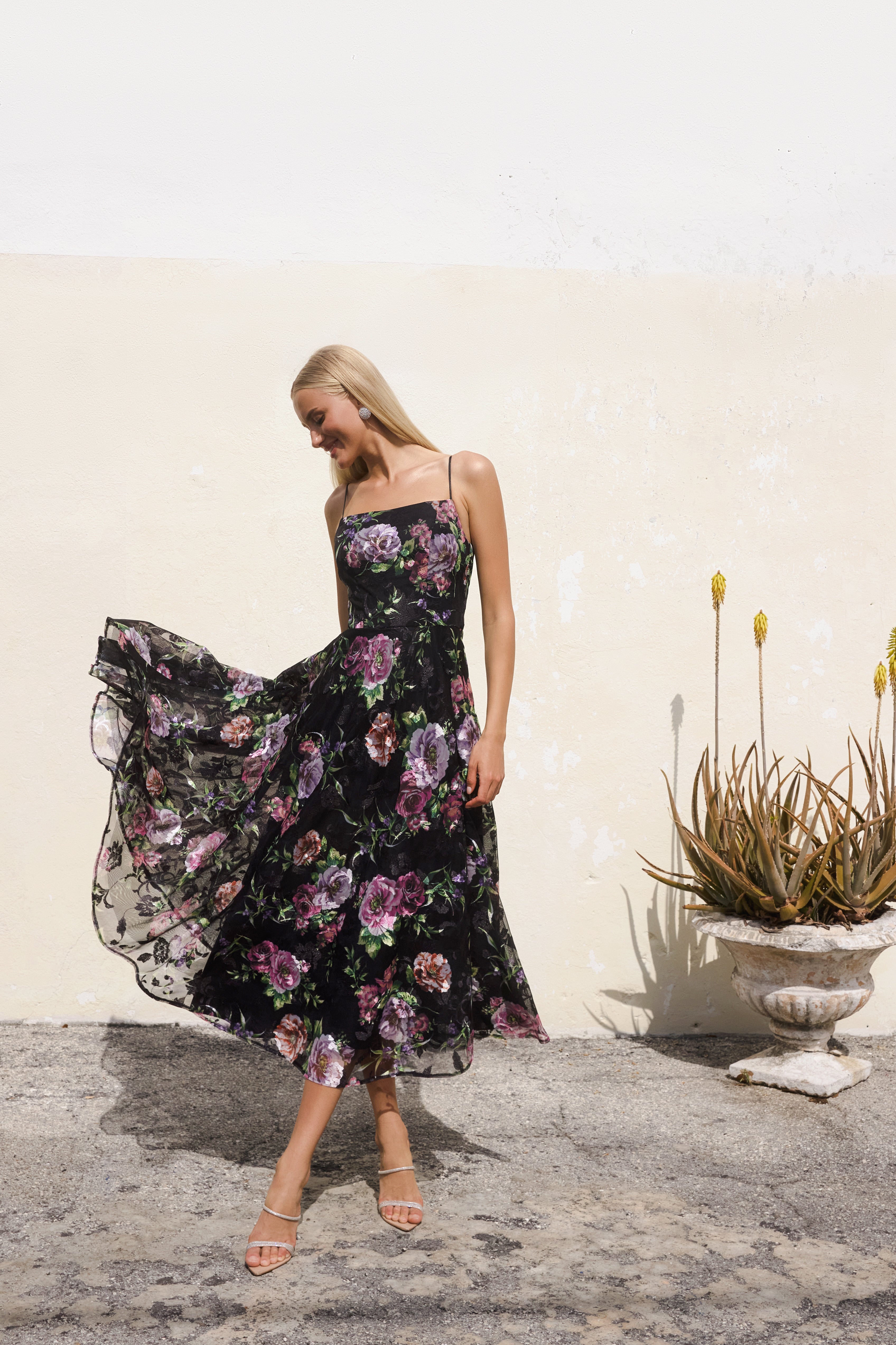 "Colleen" Print Mesh Spaghetti Strap Midi Dress