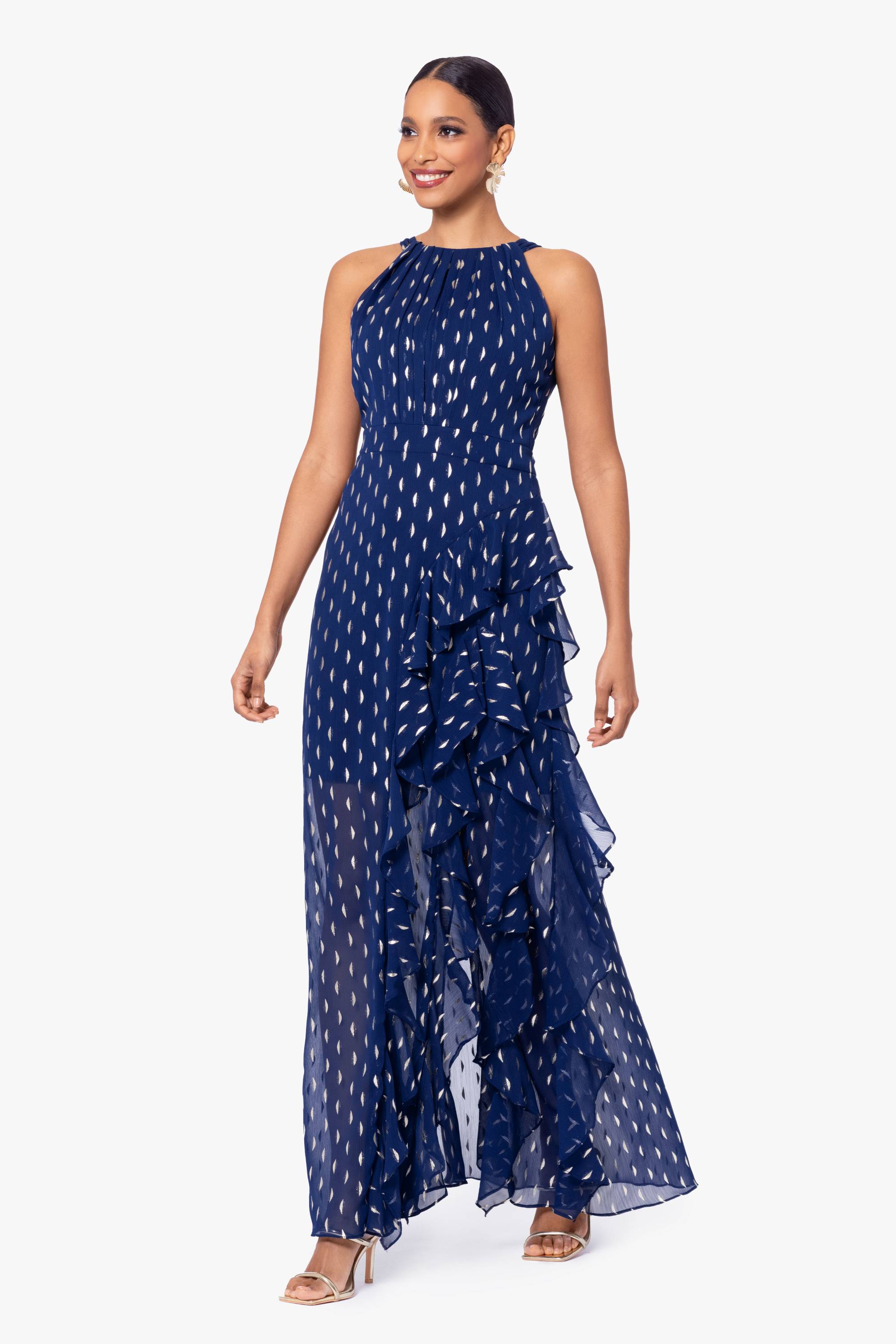 Petite "Karina" Chiffon Foil Ruffle Tie Neck Long Dress