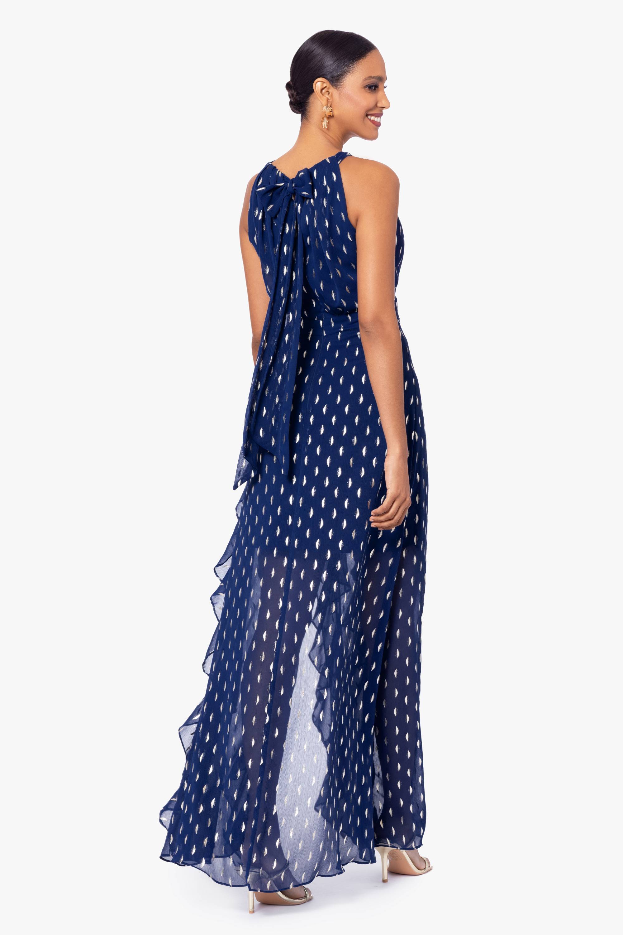 Petite "Karina" Chiffon Foil Ruffle Tie Neck Long Dress