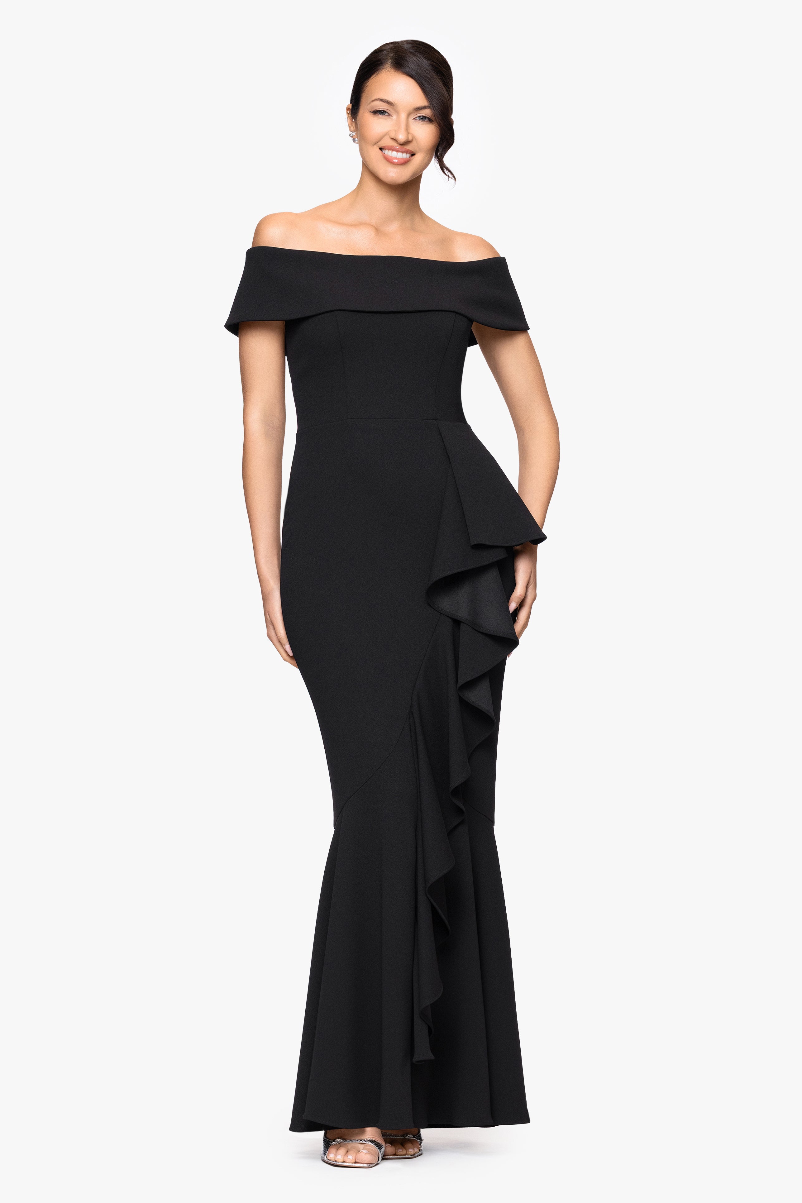 Petite "Carina" Long Off the Shoulder Ruffle Dress