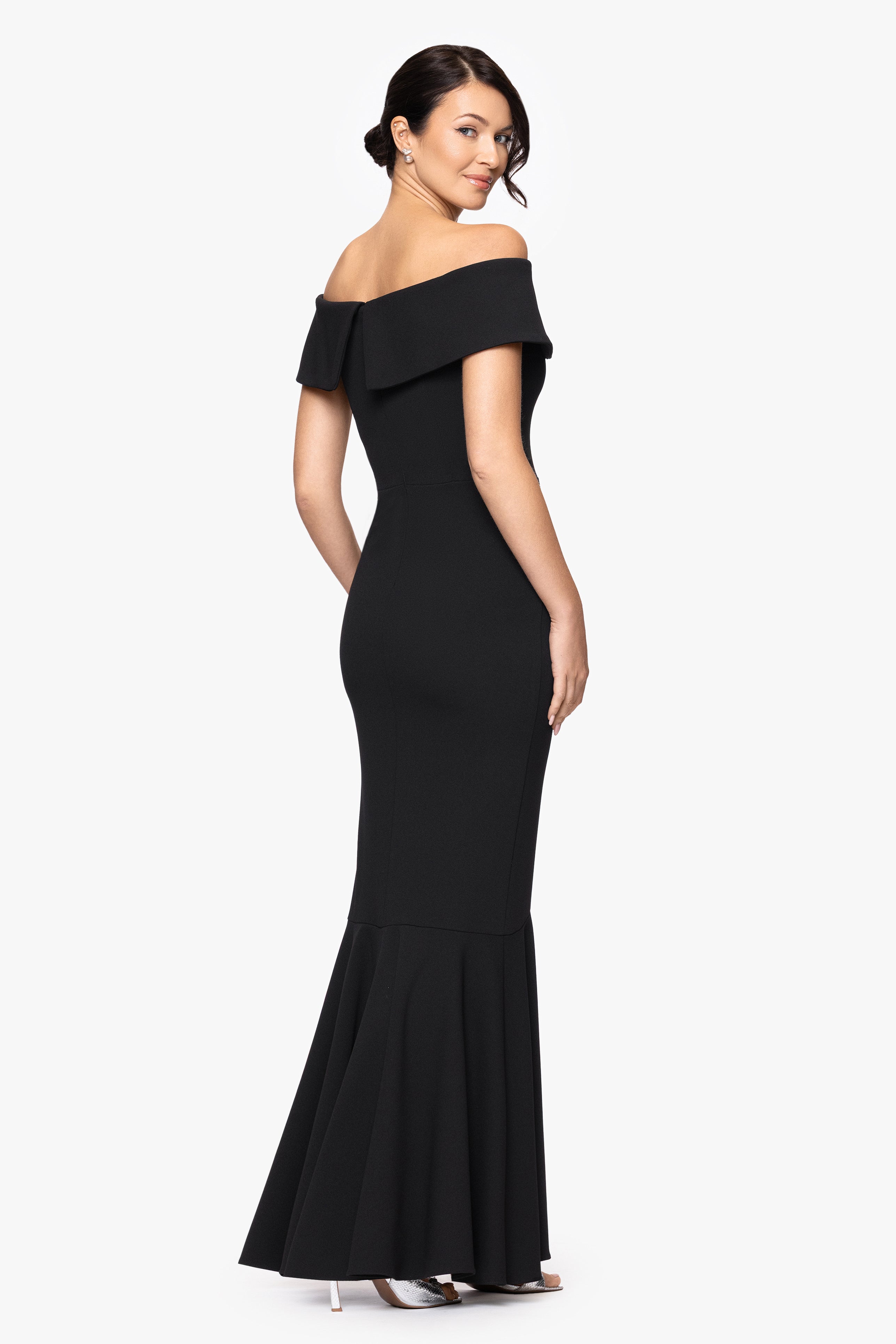 Petite "Carina" Long Off the Shoulder Ruffle Dress