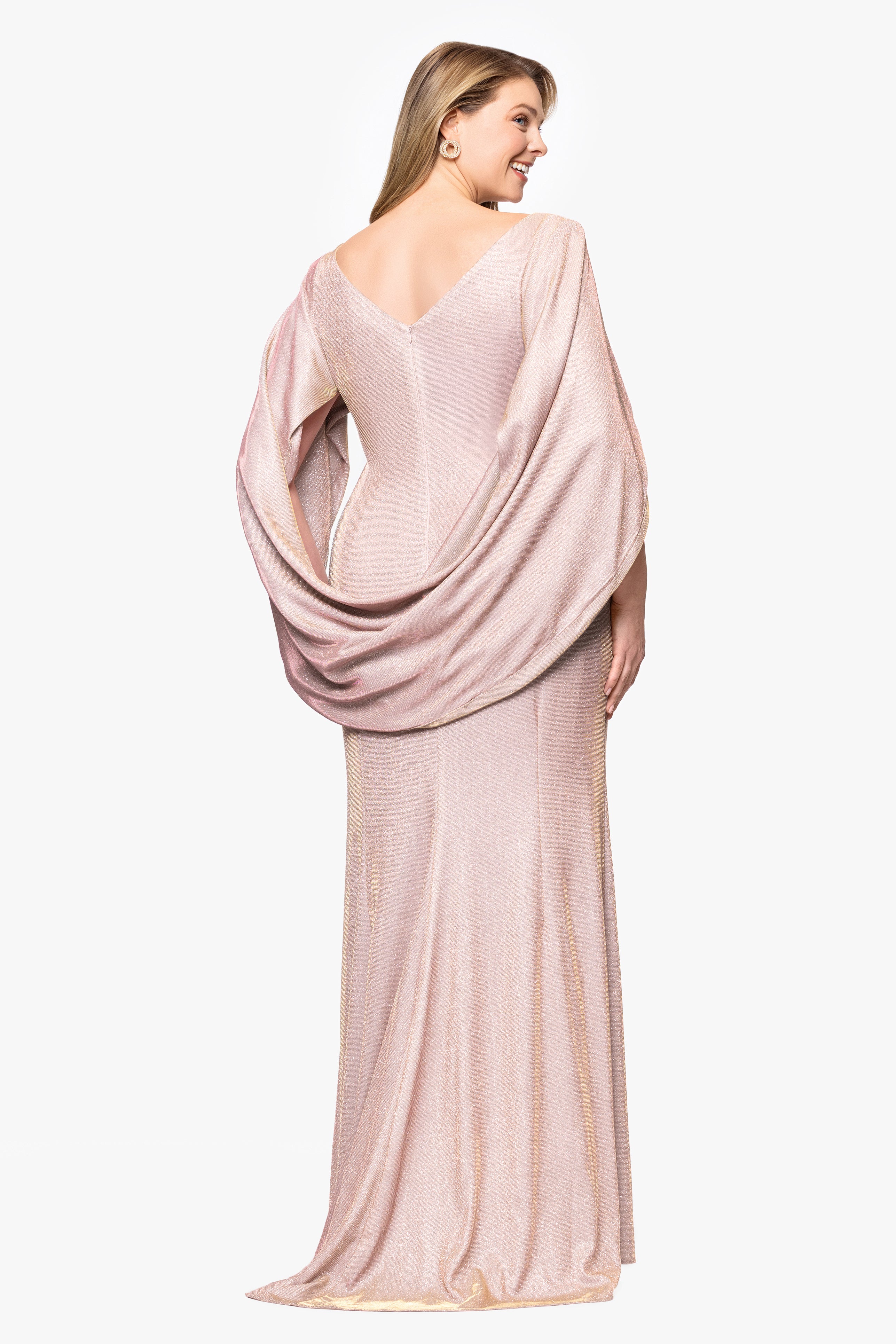 Plus "Gracie" Long Glitter Galaxy Cowl Neck Back Dress