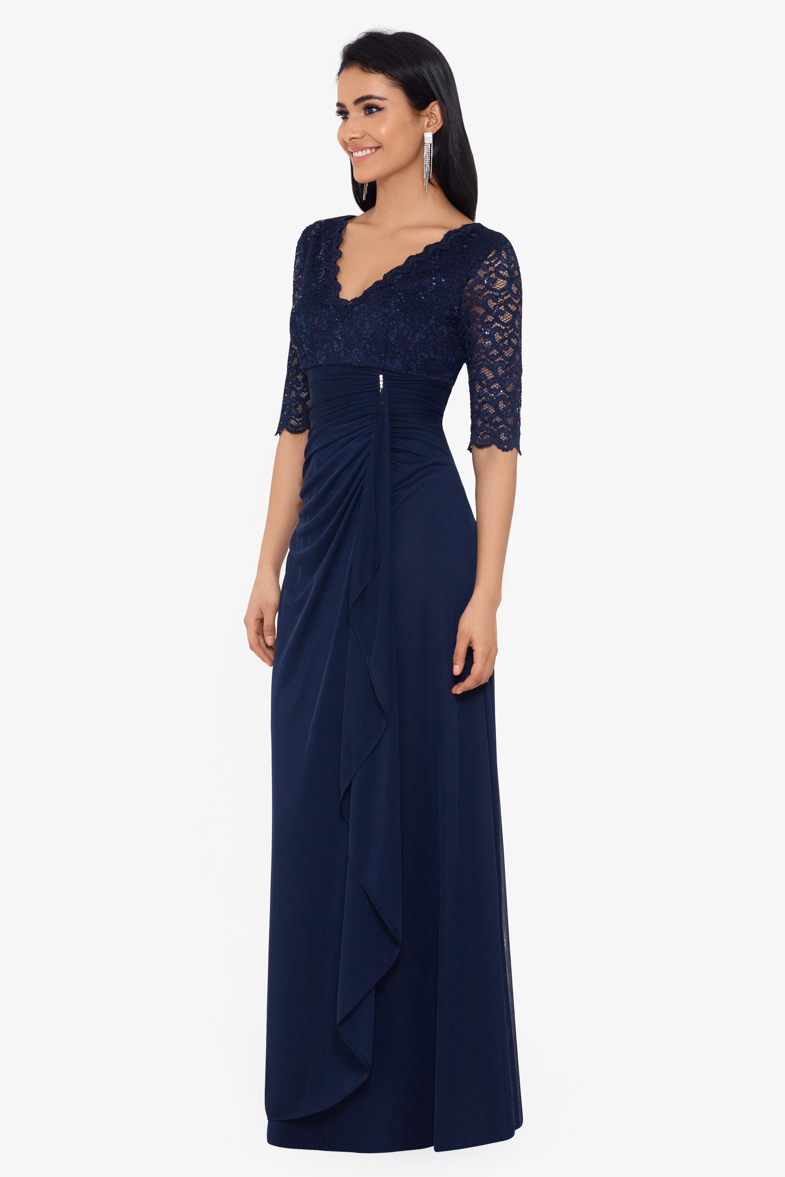 Petite "Johanna" 3/4 Sleeve Sheer Matte Jersey Long Dress