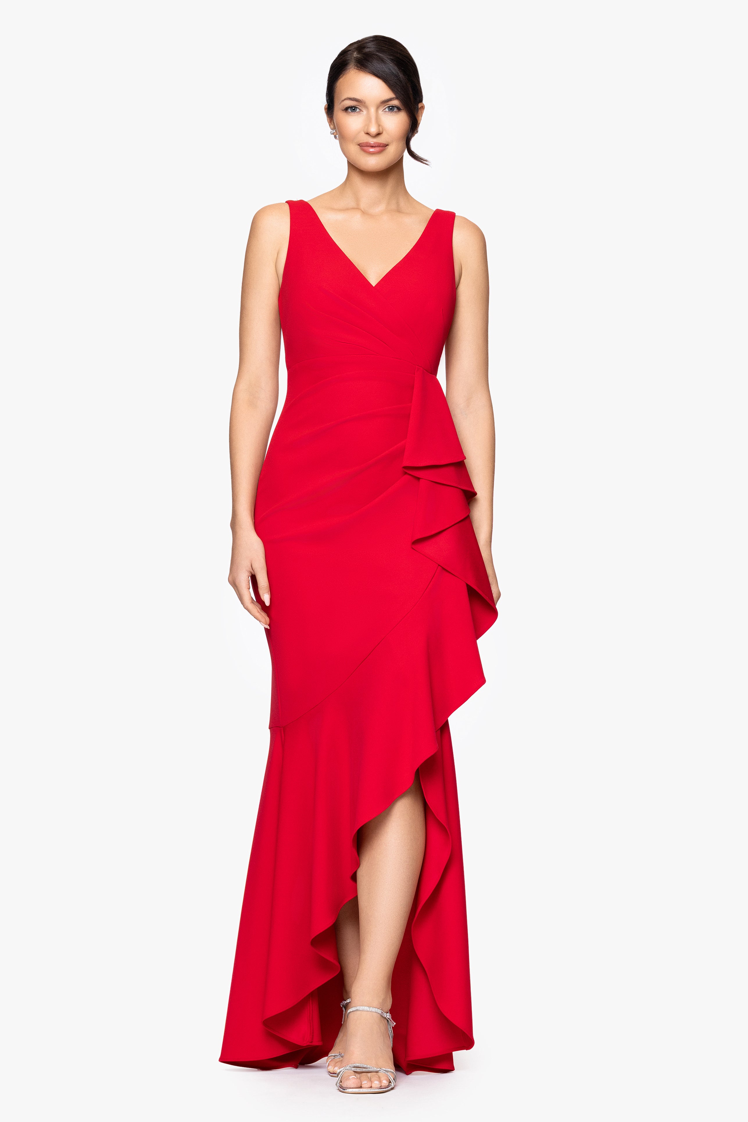 Petite "Candace" Long V- Neck Hi Low Cascade Dress