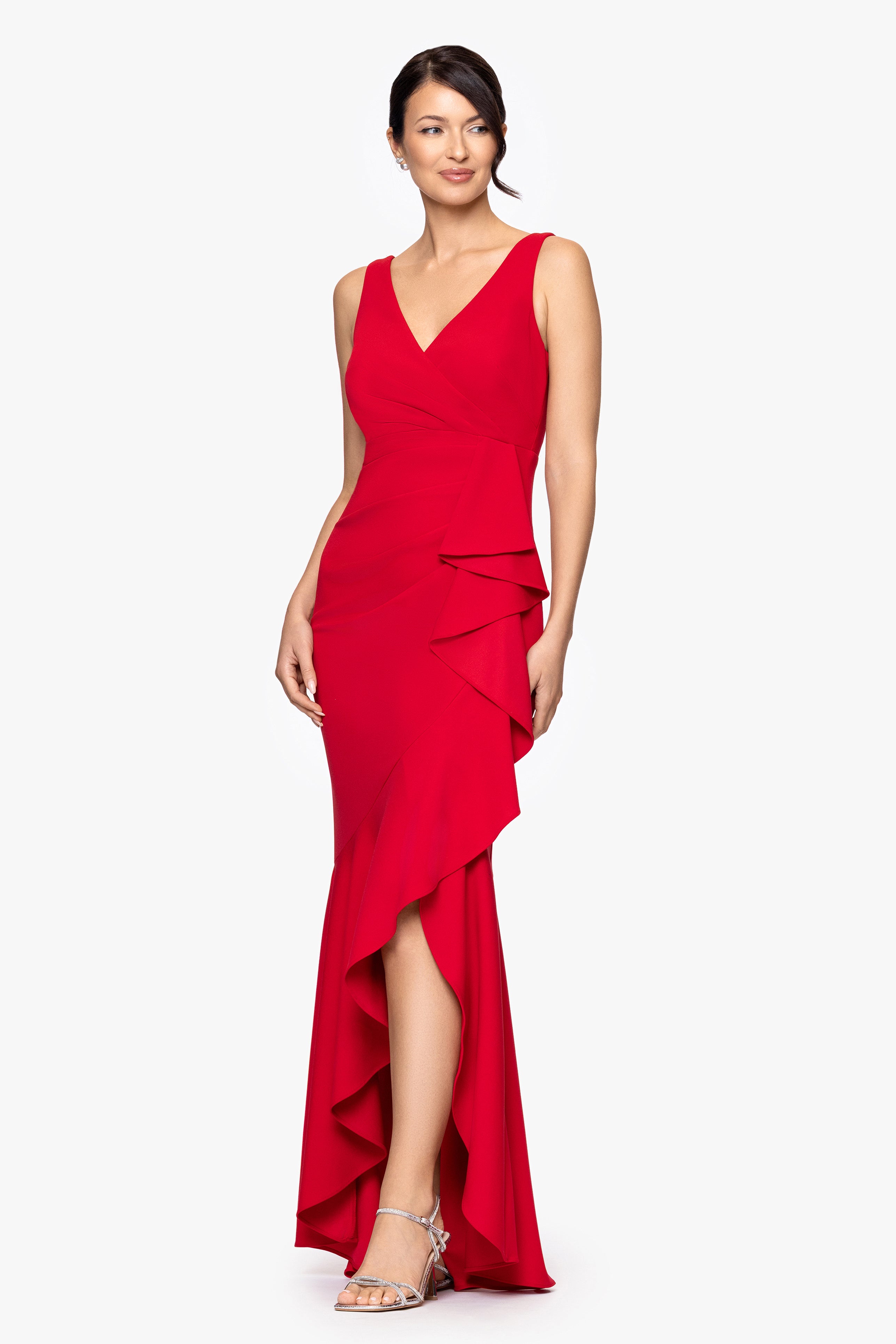 Petite "Candace" Long V- Neck Hi Low Cascade Dress