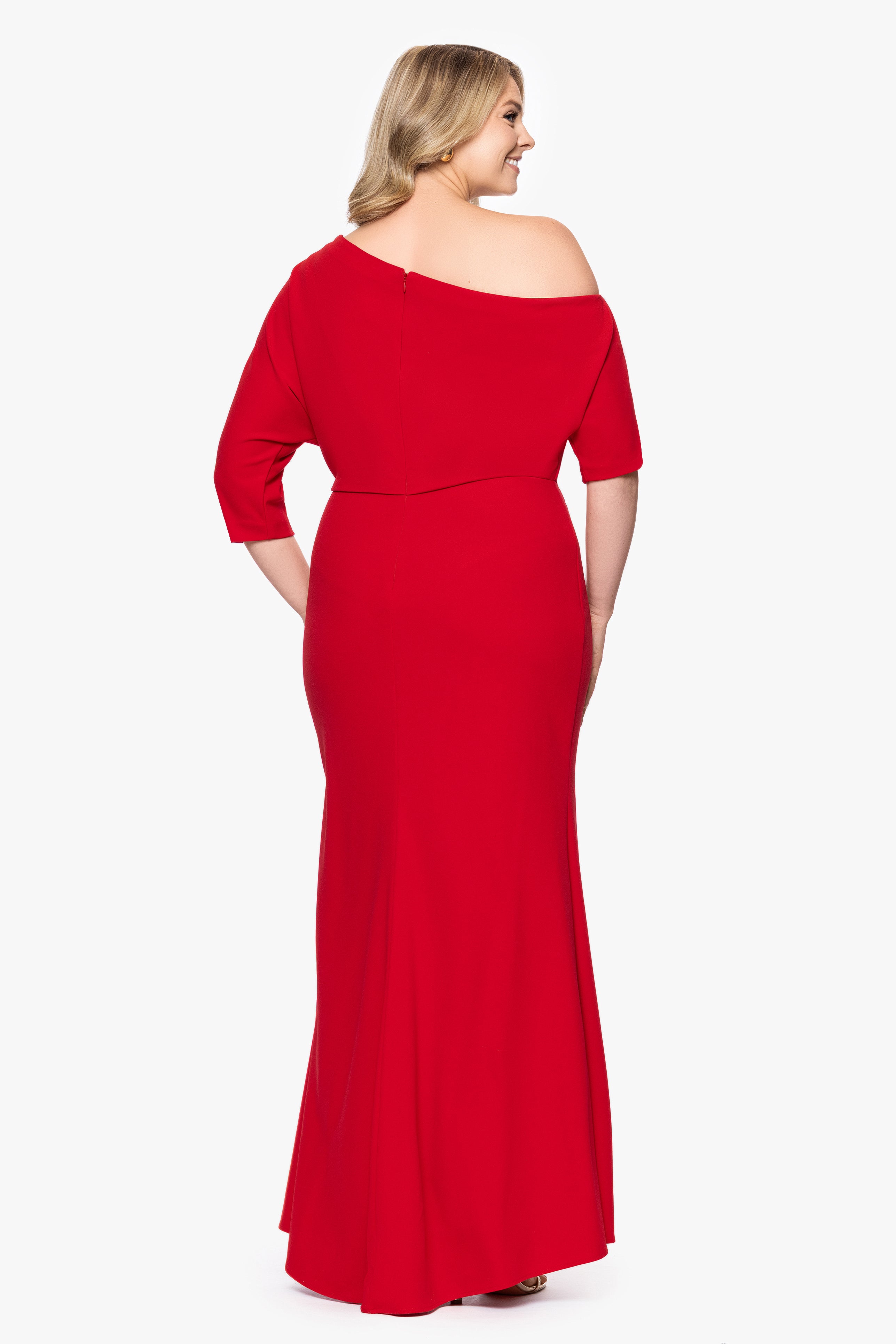 Plus "Madeline" Long Scuba Crepe Off the Shoulder Drop Dress