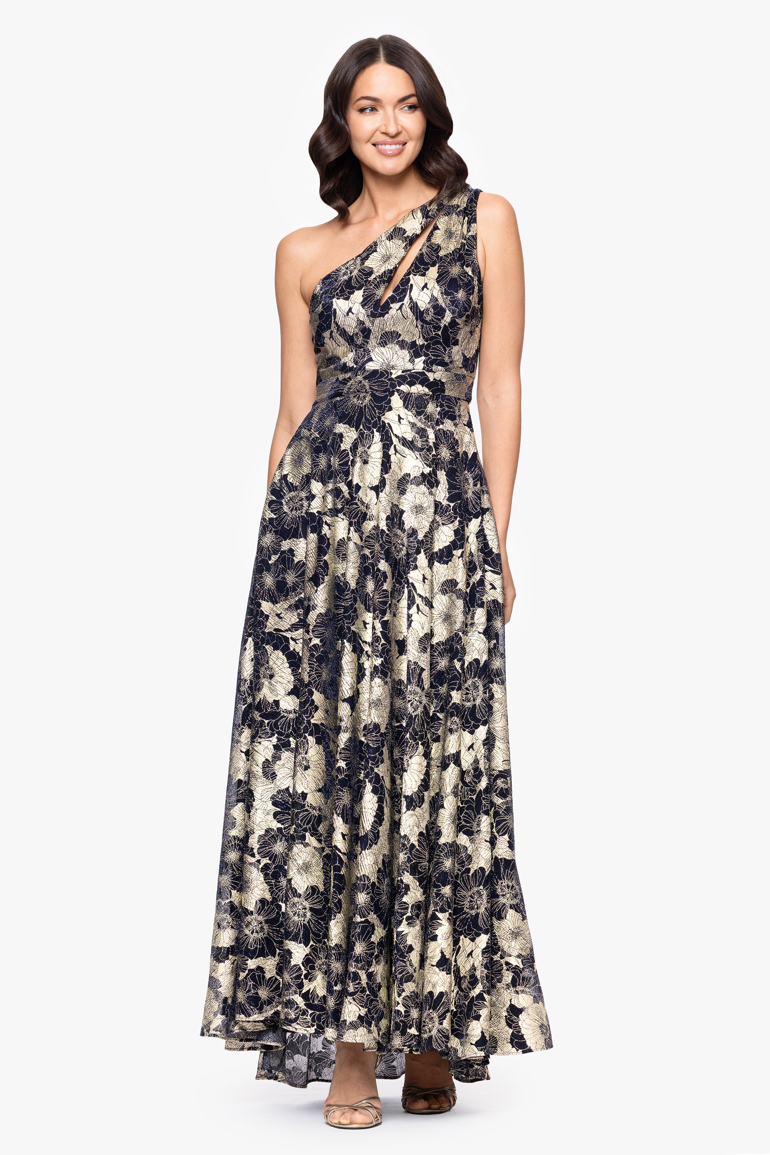 "Gwen" Long One Shoulder Wrap Foil Flower Dress