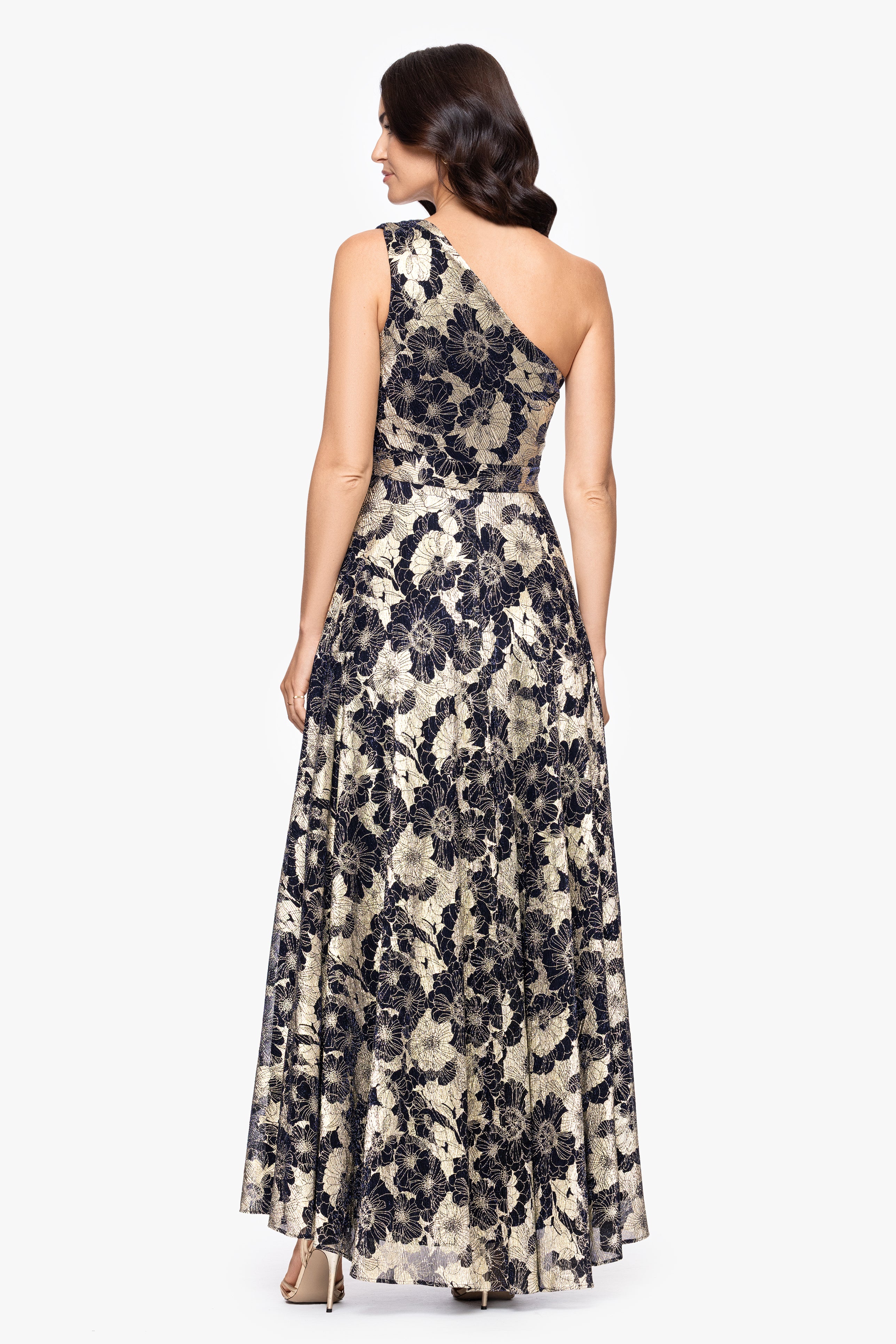 "Gwen" Long One Shoulder Wrap Foil Flower Dress