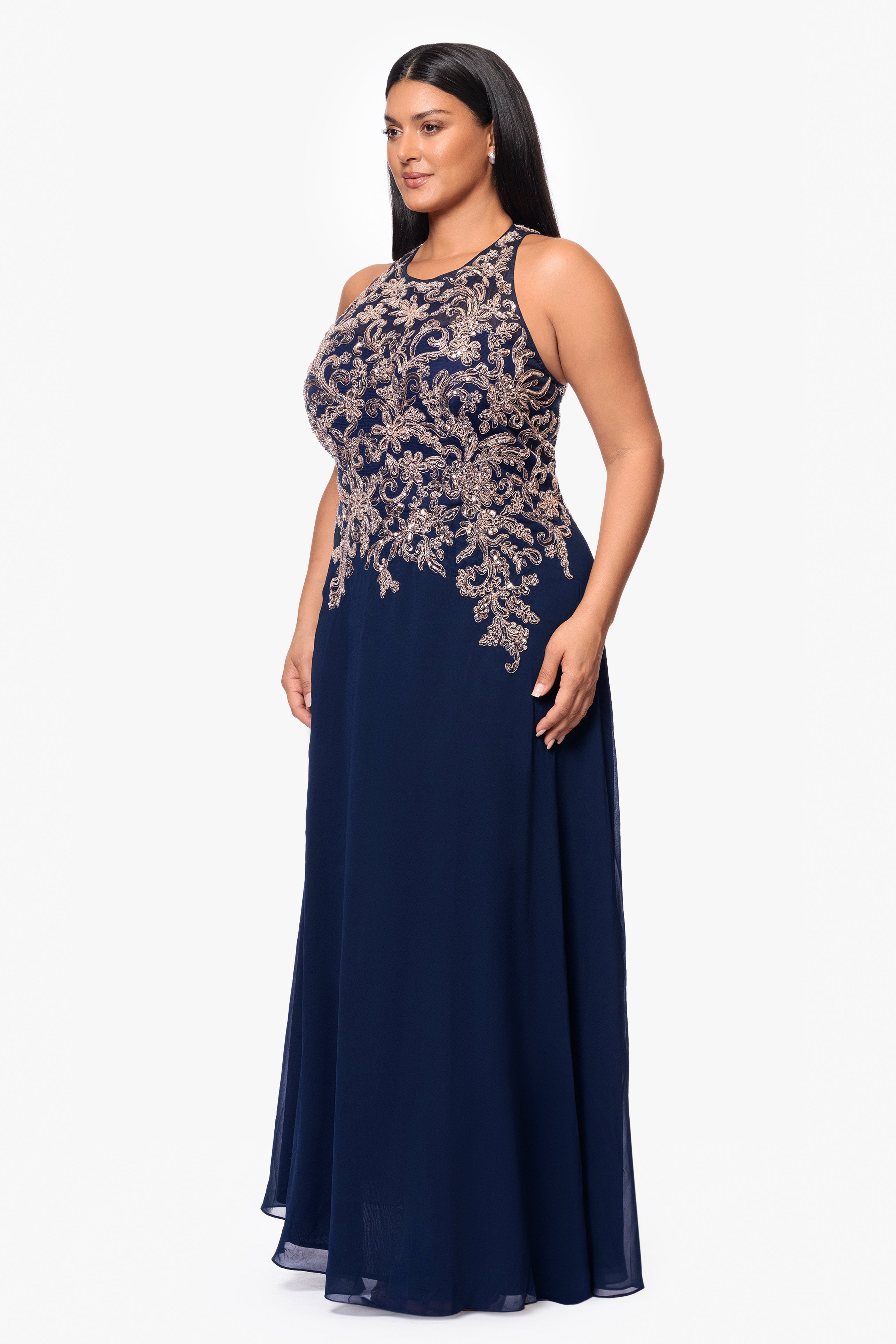 Plus "Katie" Long Chiffon Beaded Halter Dress