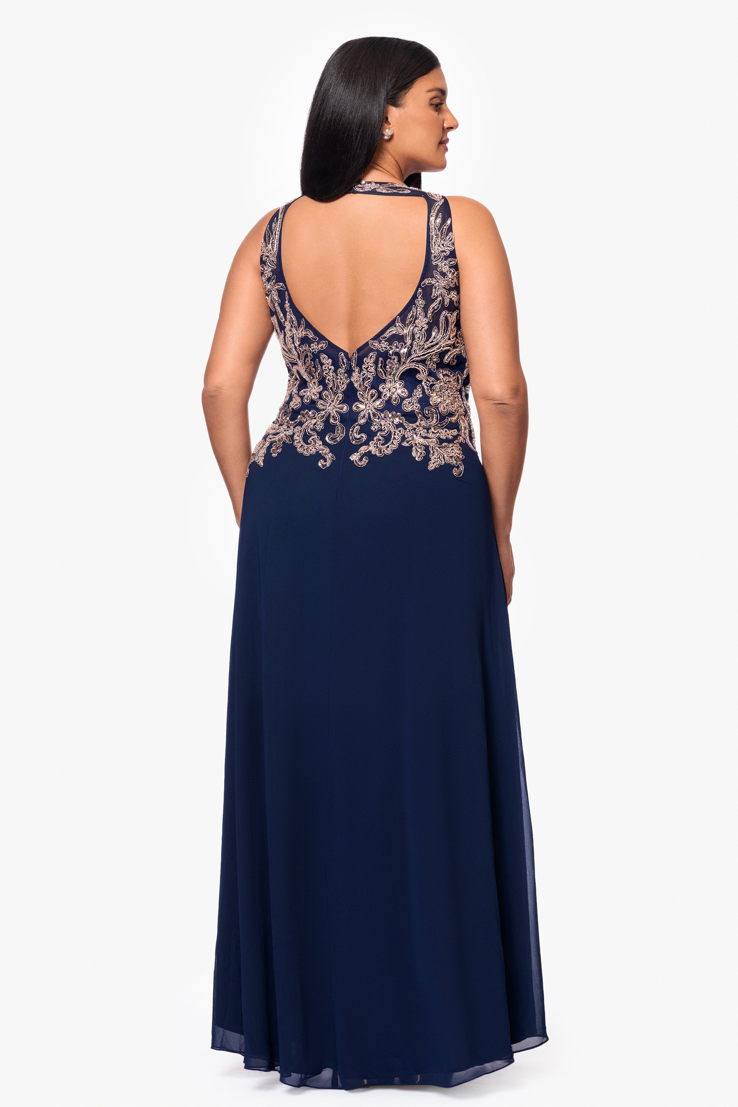Plus "Katie" Long Chiffon Beaded Halter Dress