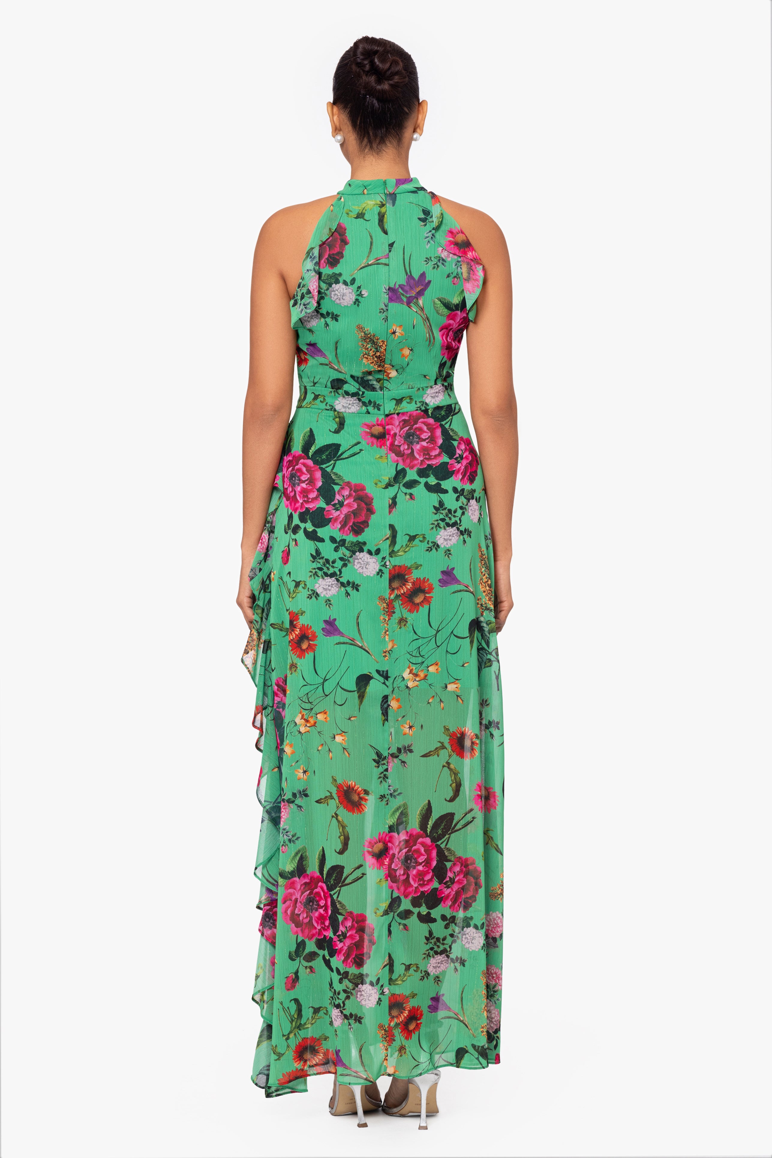 Petite "Sandy" Long Chiffon Floral Ruffle Dress