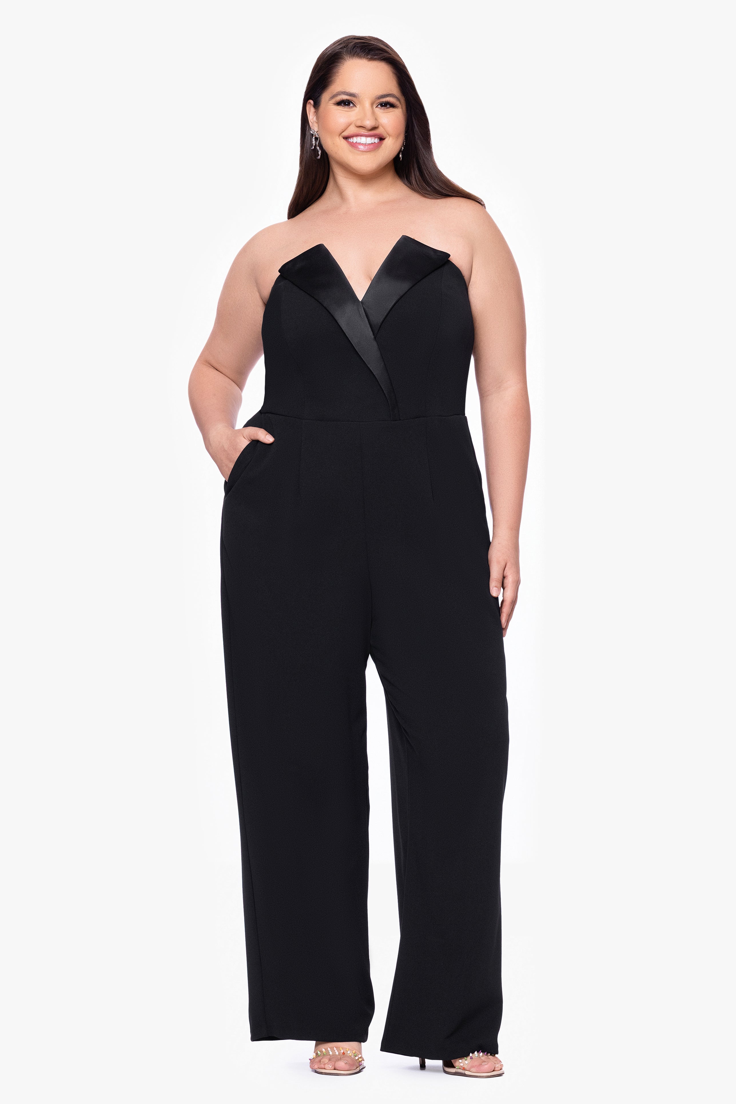 Plus "Tasha" Long Strapless Tuxedo Jumpsuit