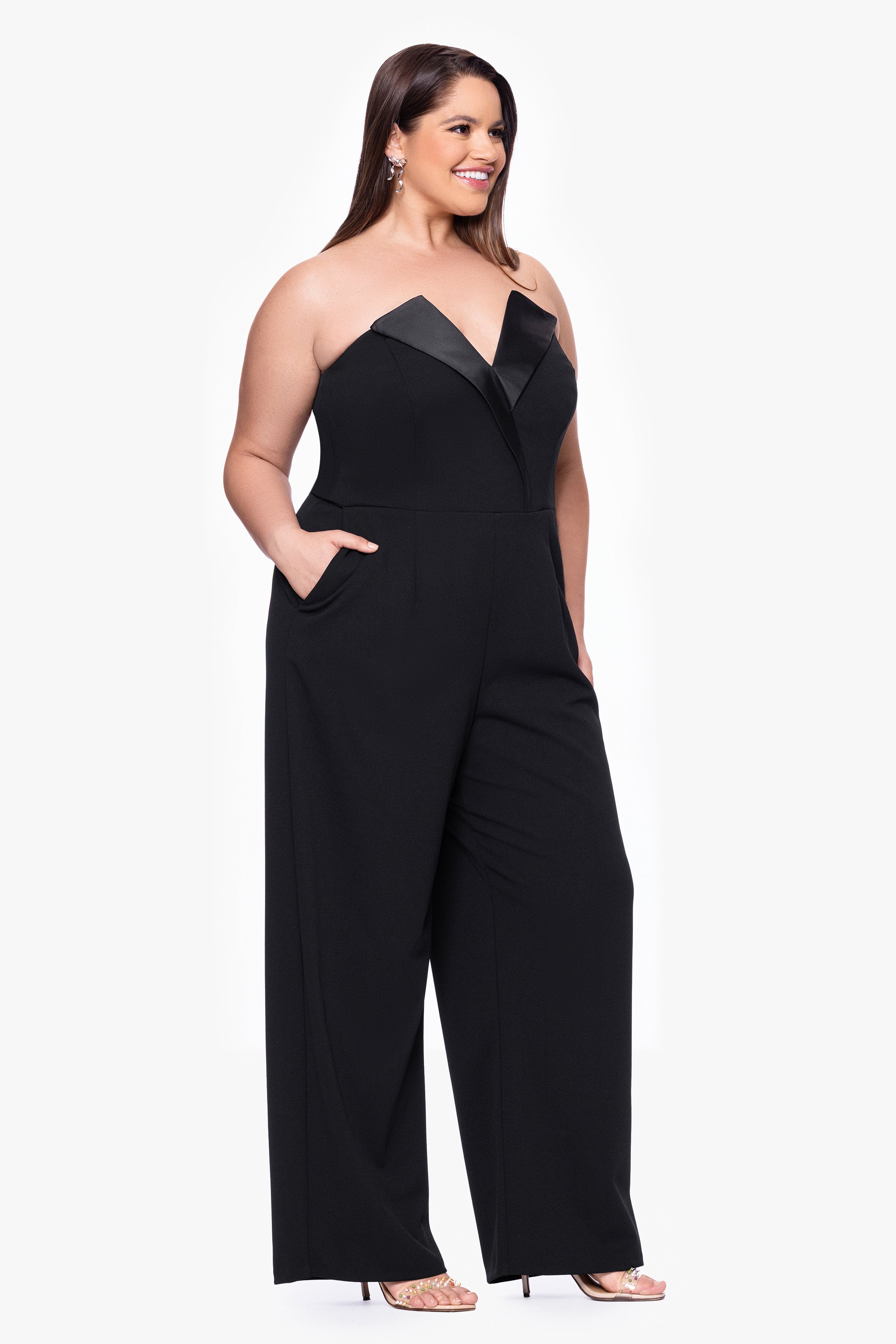 Plus "Tasha" Long Strapless Tuxedo Jumpsuit