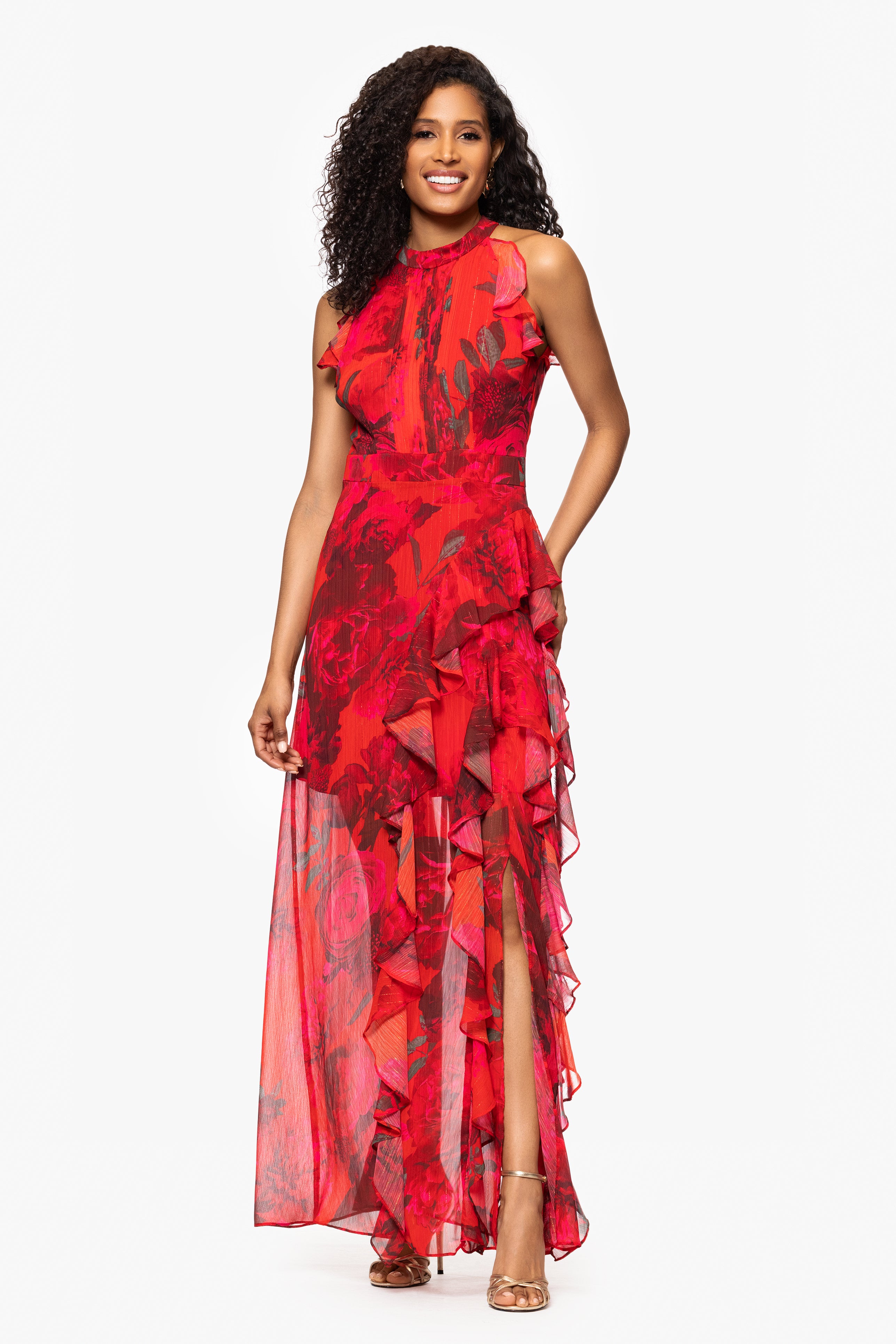 "Ramona" Print Chiffon Ruffle Floor Length Dress