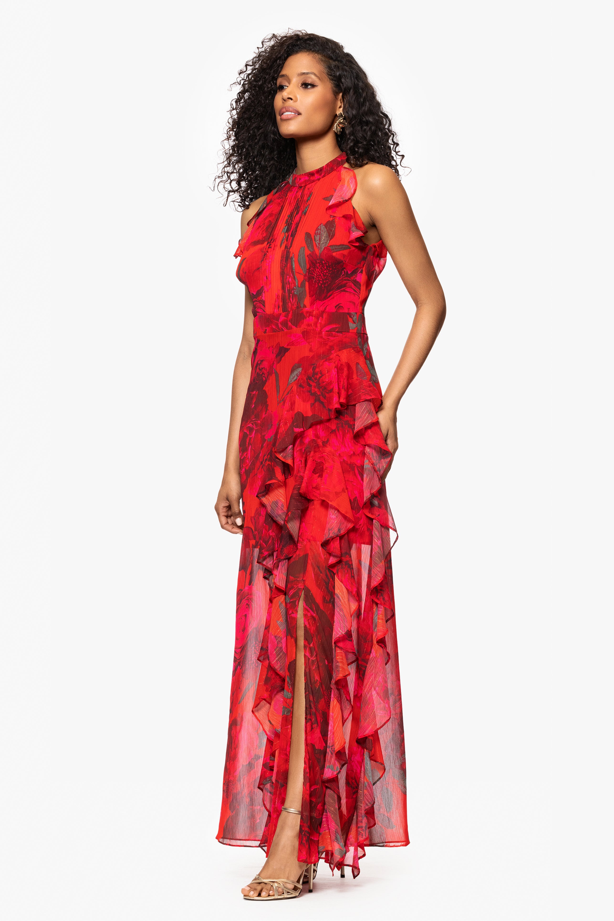 "Ramona" Print Chiffon Ruffle Floor Length Dress