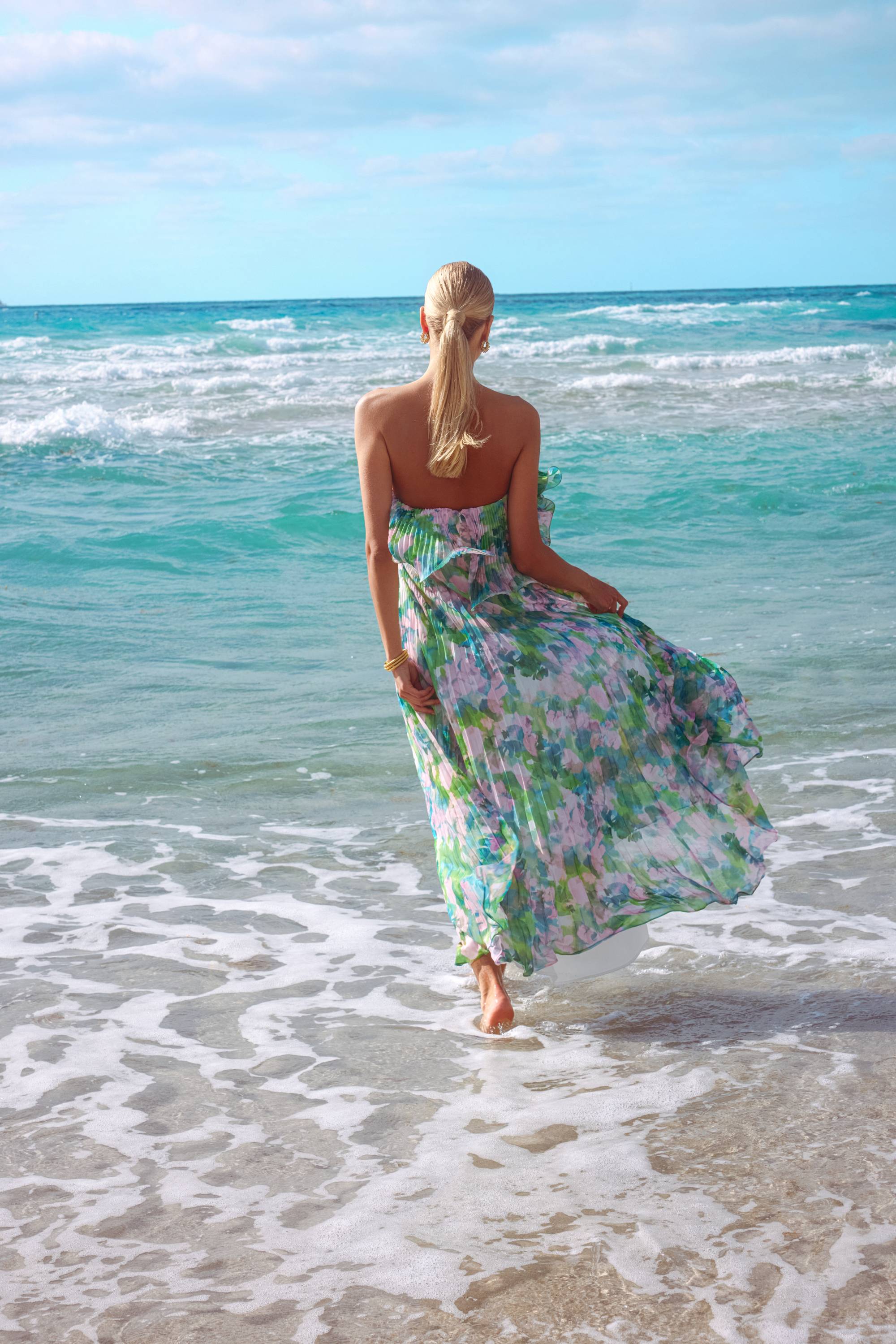 "Enid" Strapless Print Chiffon Pleated Floor Length Dress