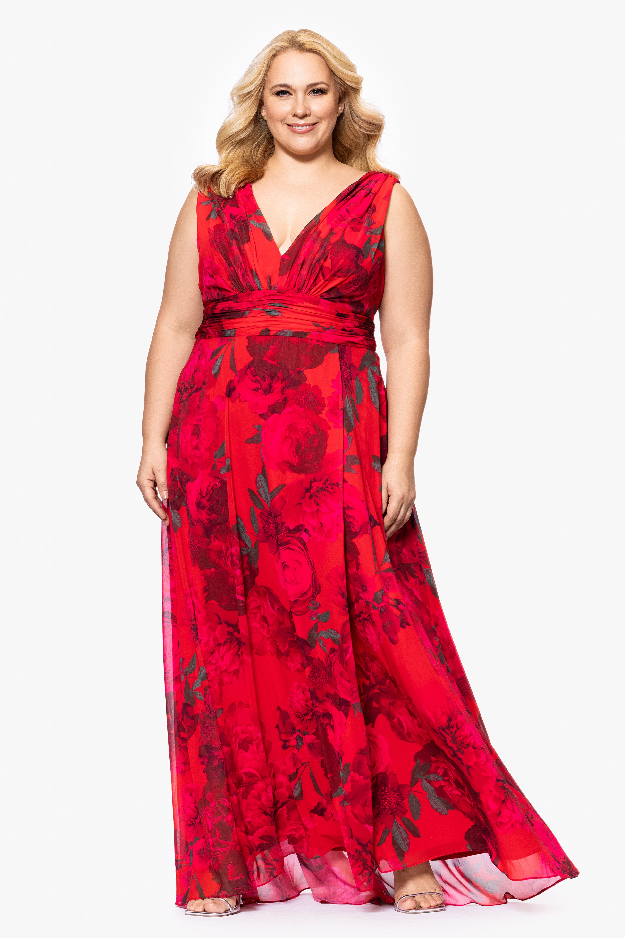 Plus "Jody" Print Chiffon V-Neck Floor Length Dress