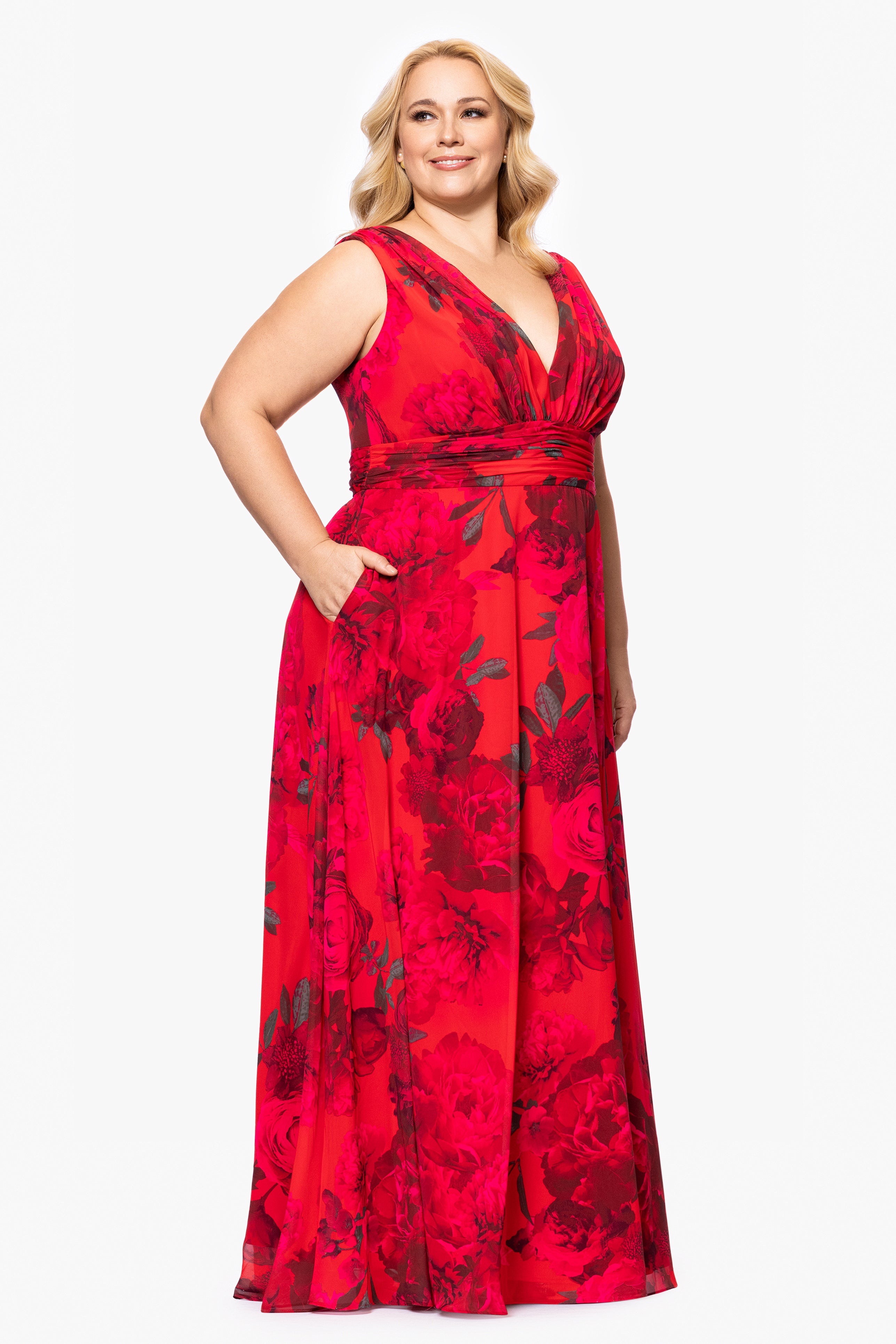 Plus "Jody" Print Chiffon V-Neck Floor Length Dress