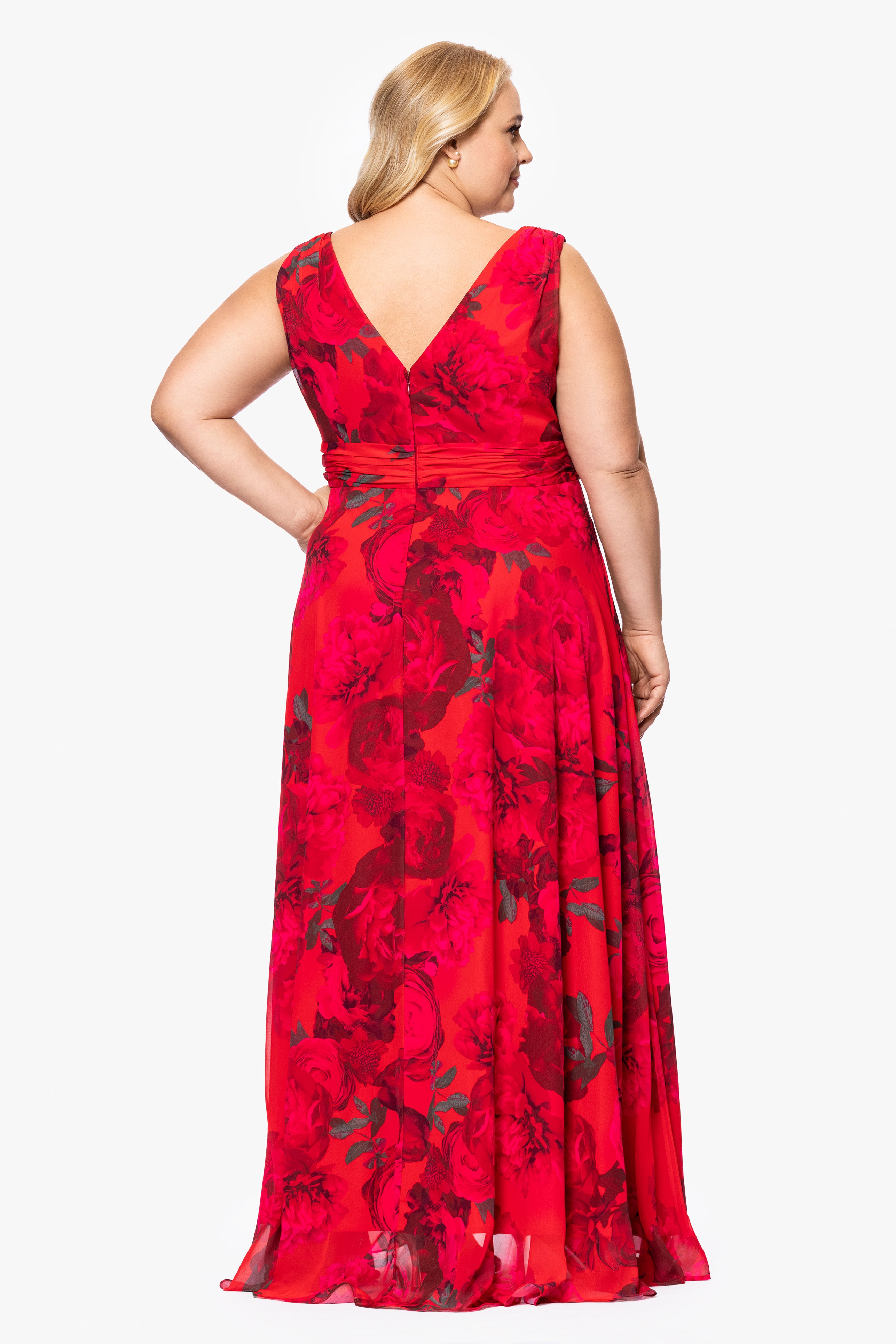 Plus "Jody" Print Chiffon V-Neck Floor Length Dress