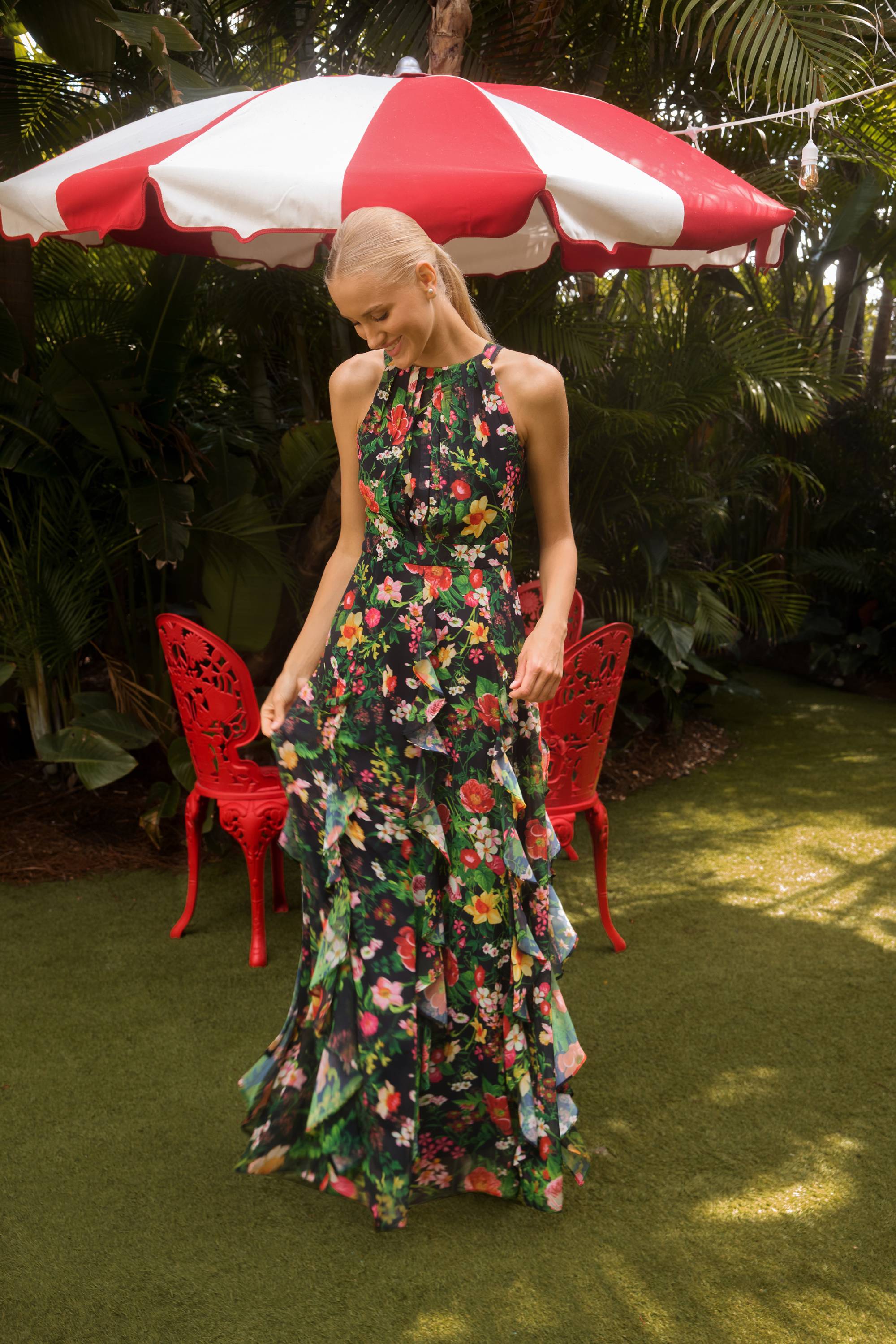 "Camille" Floral Print Chiffon Ruffle Floor Length Dress