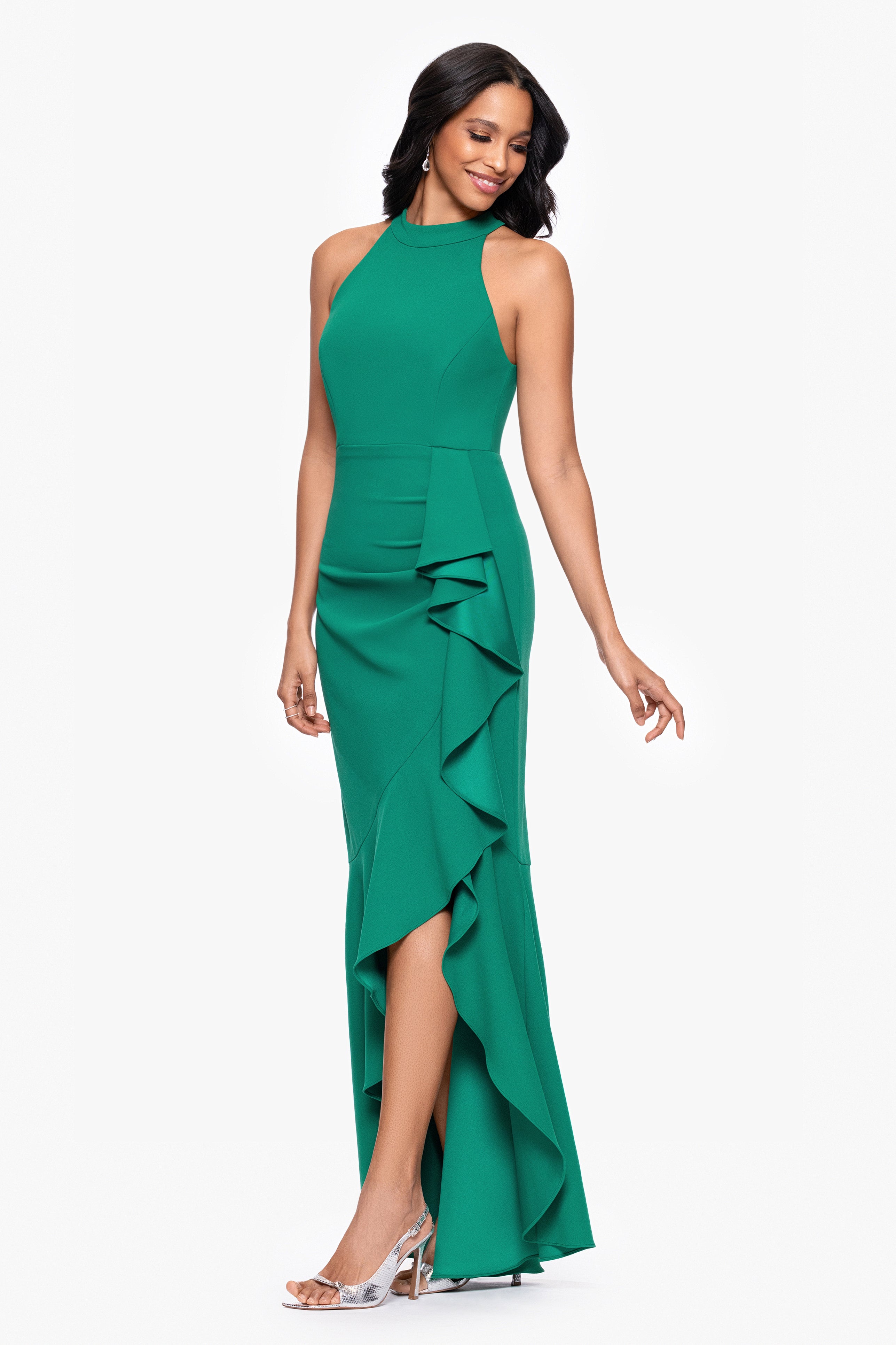 "Marcia" Scuba Crepe Ruffle Halter Neck High Low Dress