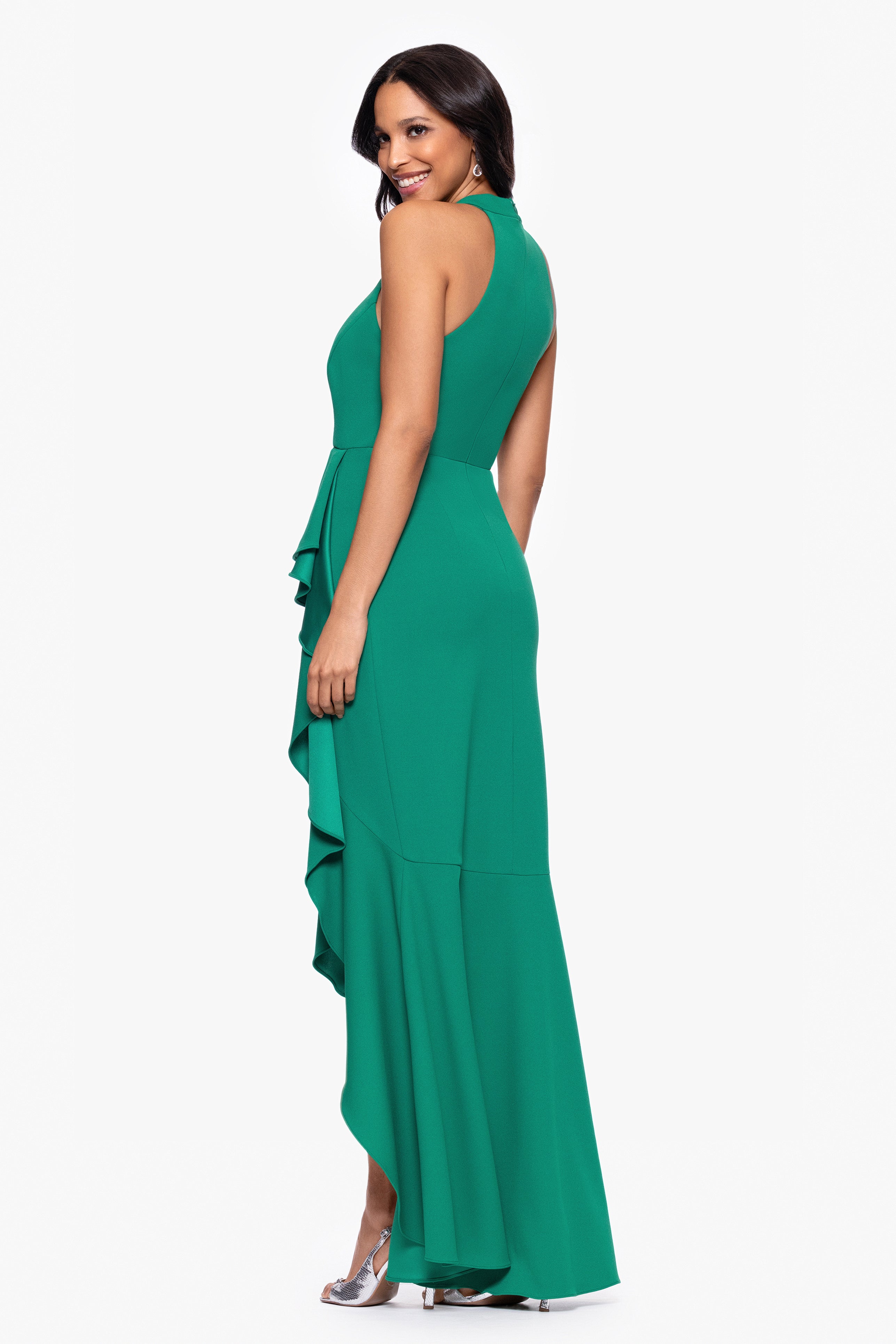 "Marcia" Scuba Crepe Ruffle Halter Neck High Low Dress