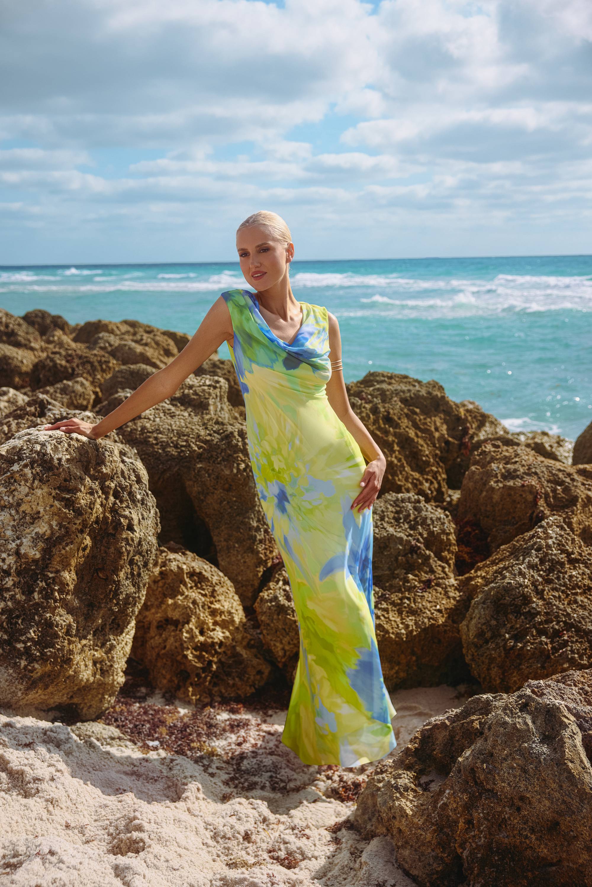 Petite "Isabel" Print Chiffon Cowl Neck Floor Length Dress