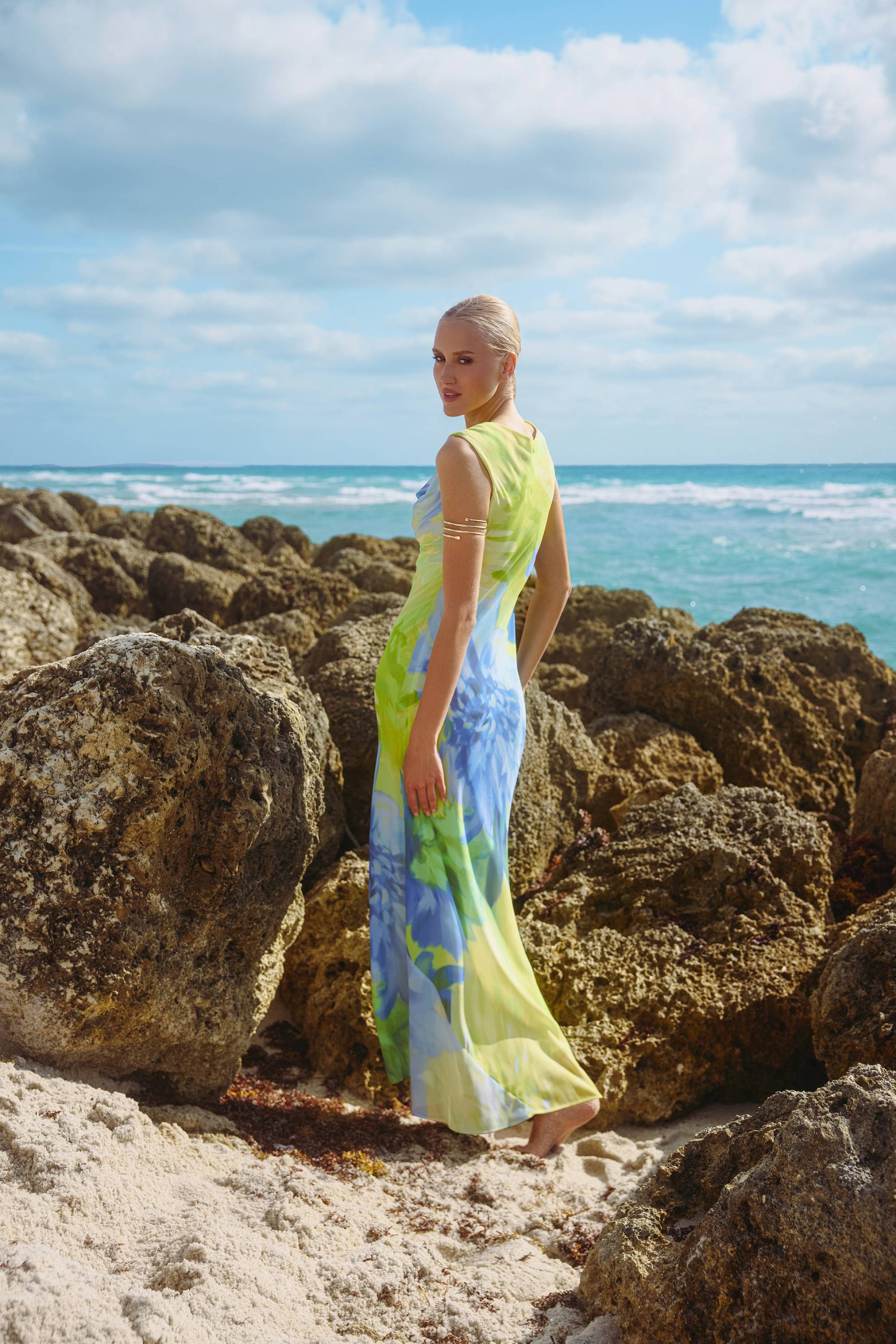 Petite "Isabel" Print Chiffon Cowl Neck Floor Length Dress