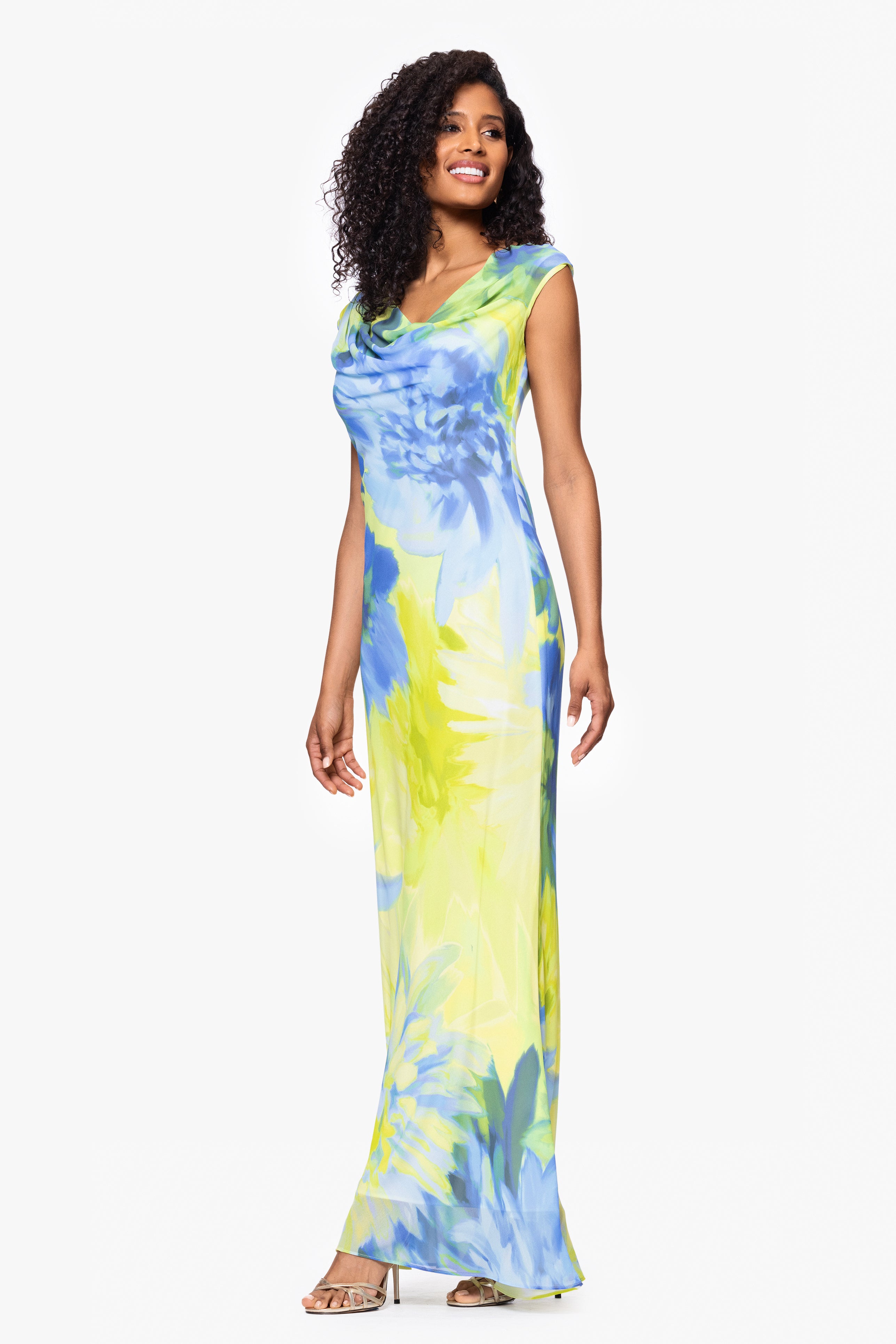 Petite "Isabel" Print Chiffon Cowl Neck Floor Length Dress