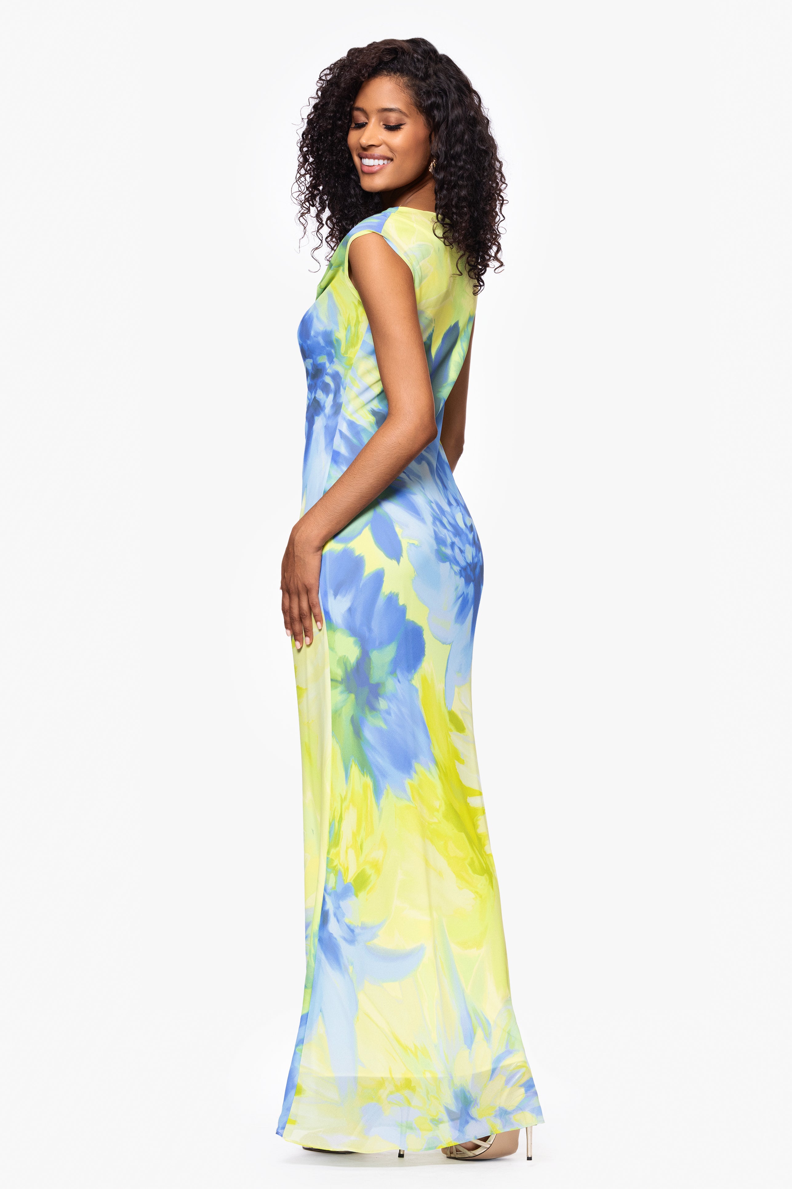 Petite "Isabel" Print Chiffon Cowl Neck Floor Length Dress