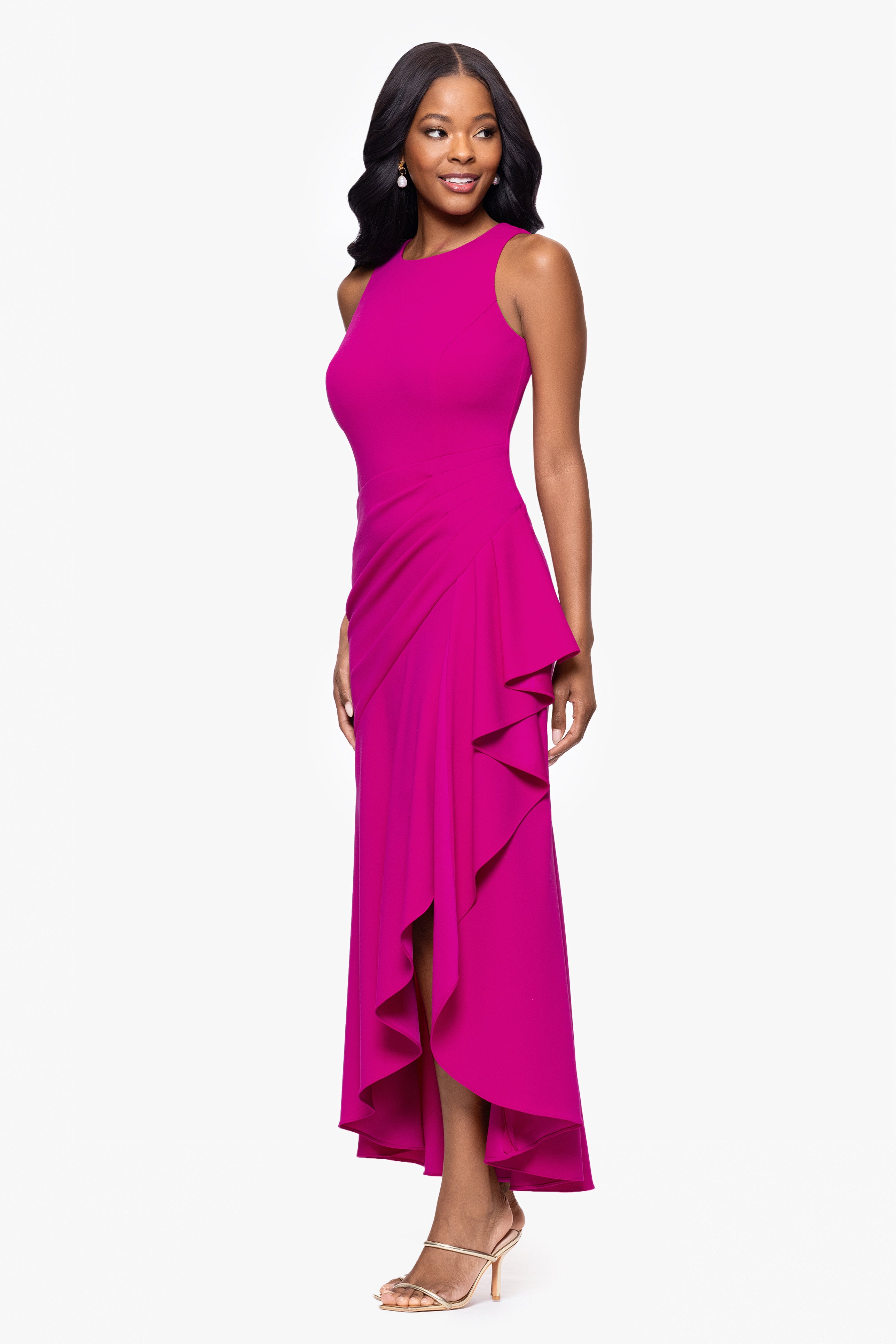 Petite "Nicki" Scuba Crepe High Low Rouched Dress