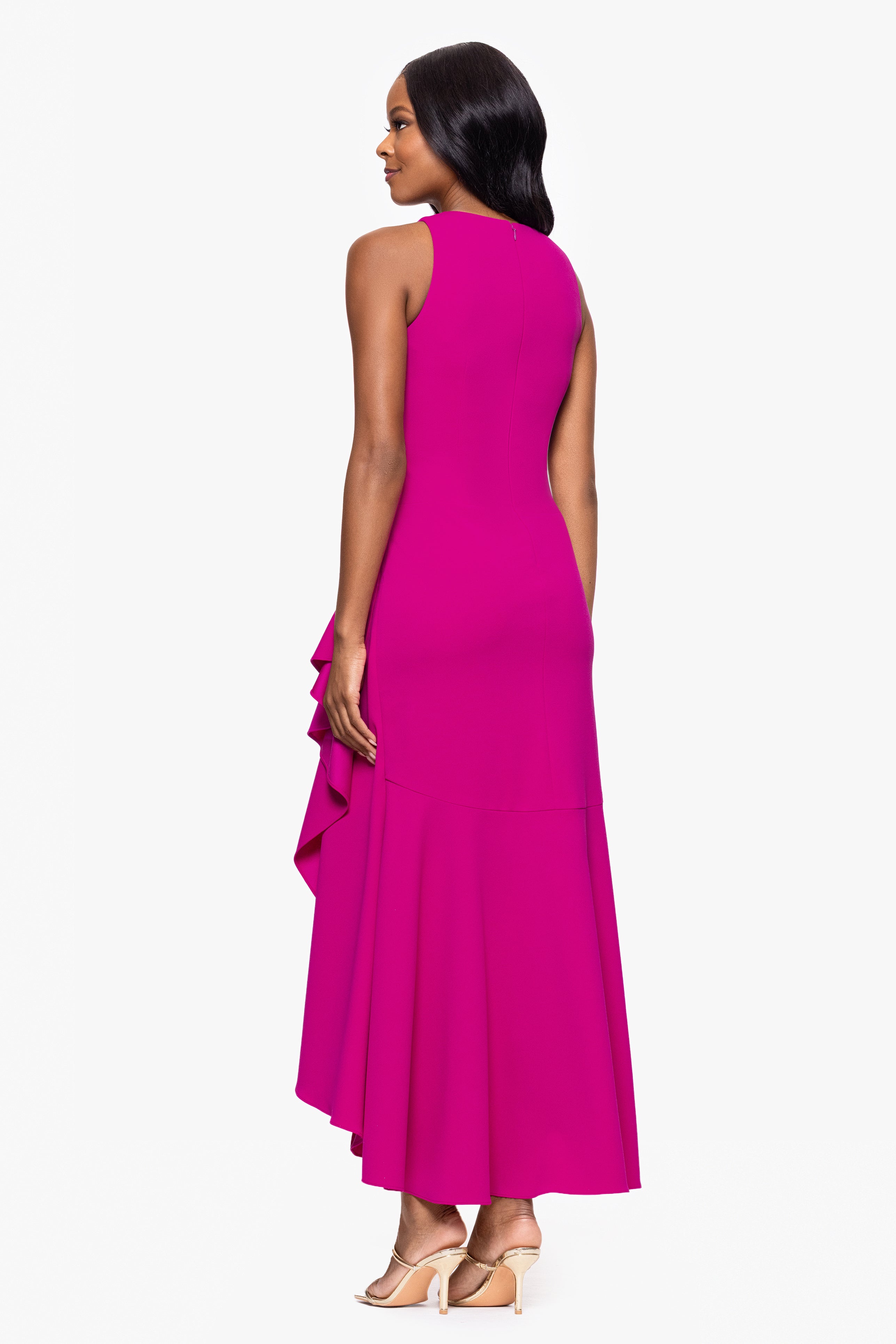 Petite "Nicki" Scuba Crepe High Low Rouched Dress