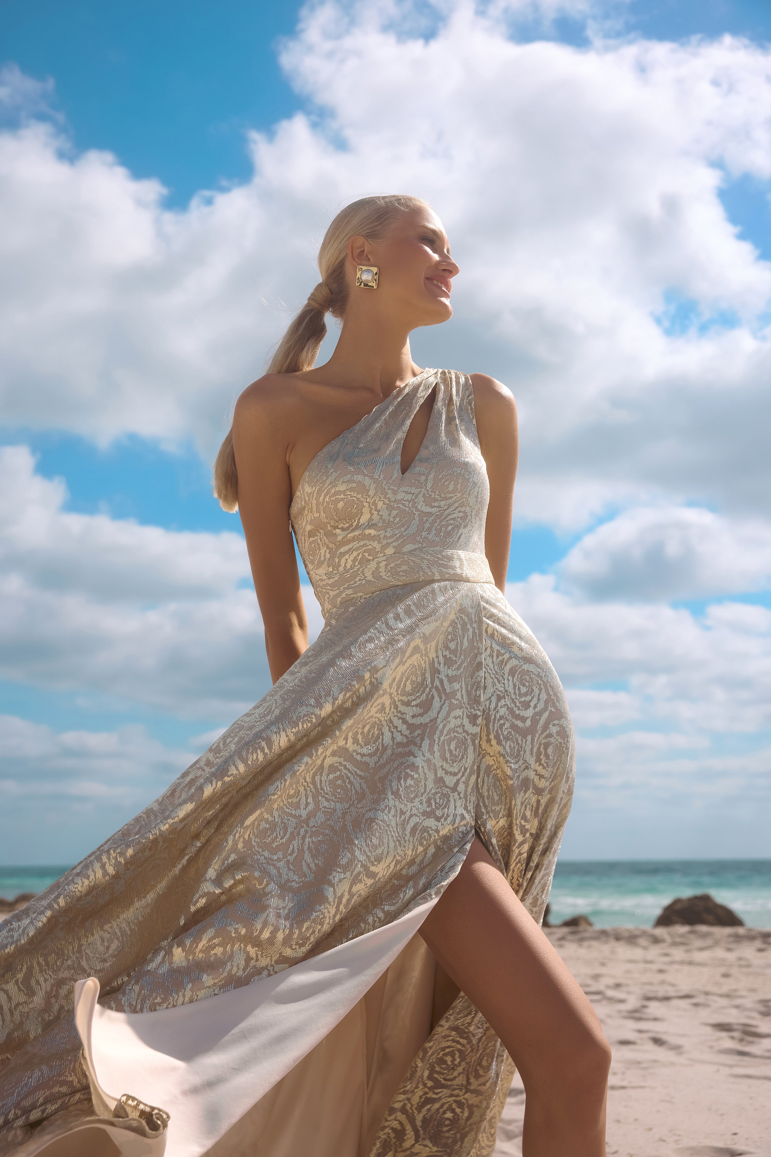 "Mariah" Metallic Foil Knit One Shoulder Floor Length Dress
