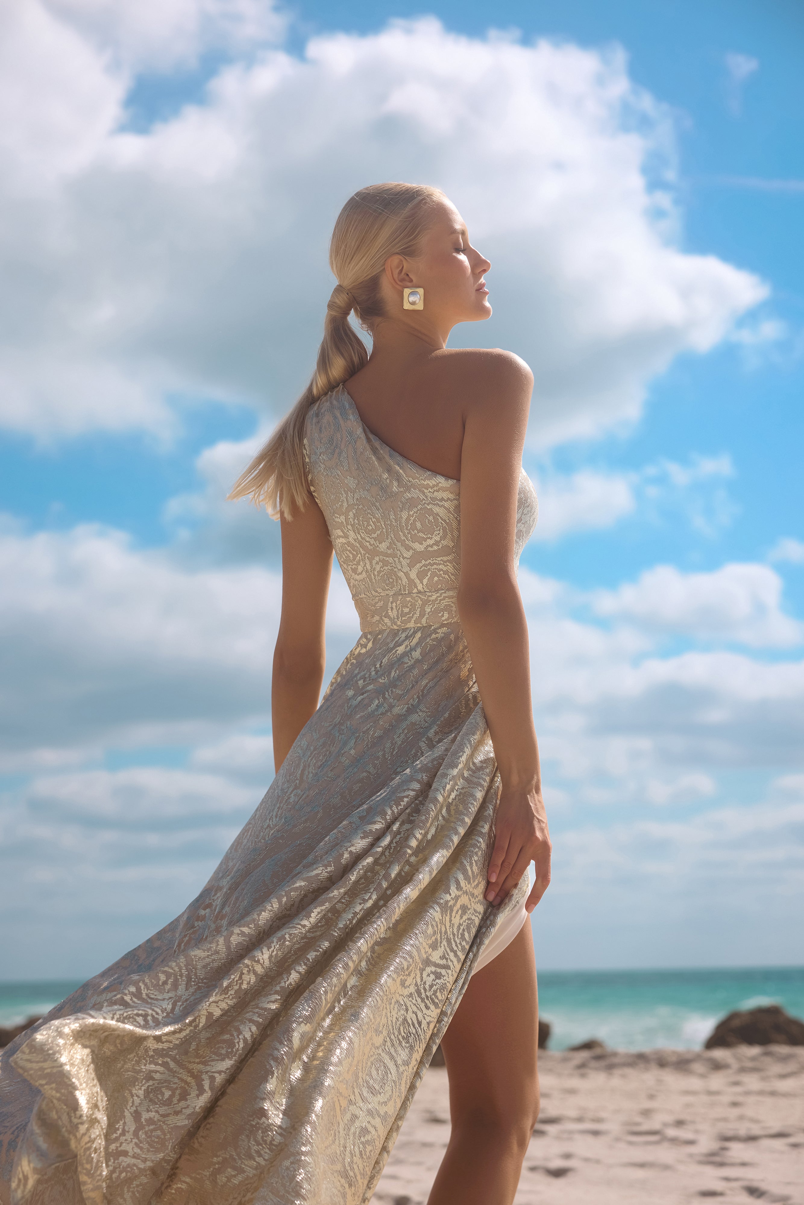 "Mariah" Metallic Foil Knit One Shoulder Floor Length Dress