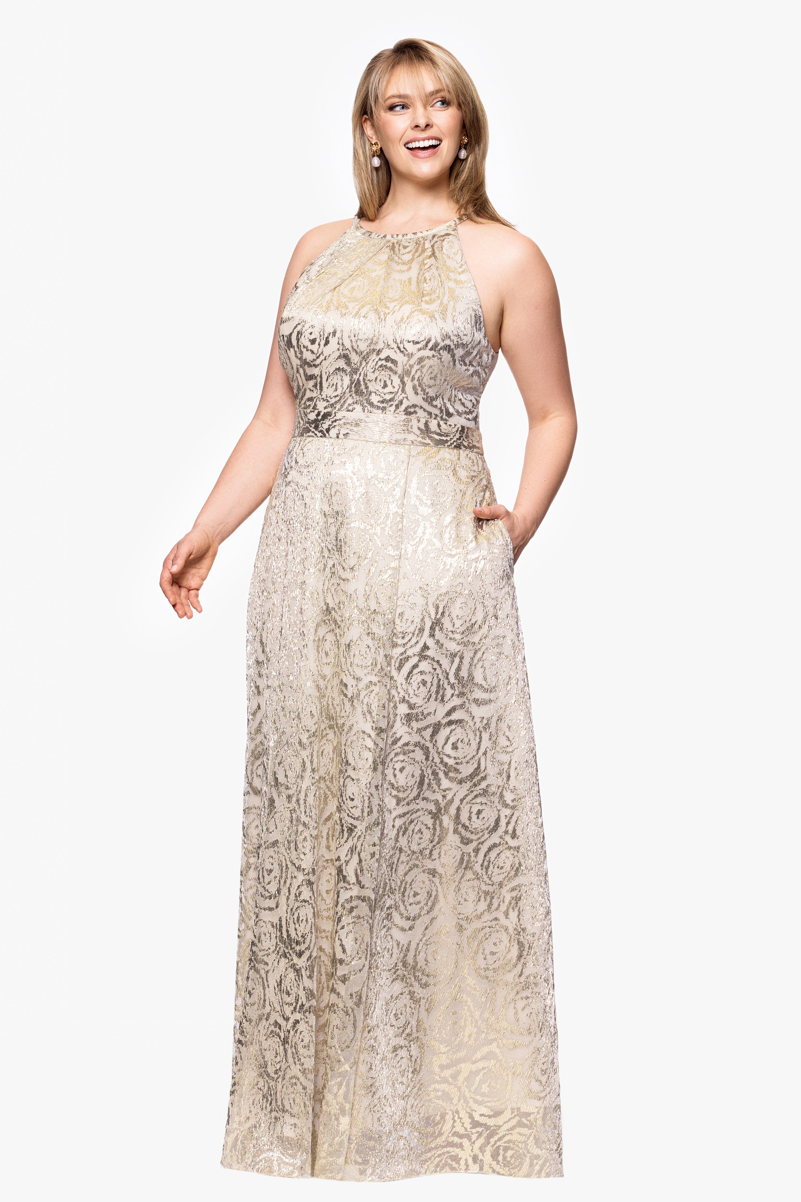Plus "Luanne" Metallic Foil Halter Neck Floor Length Dress