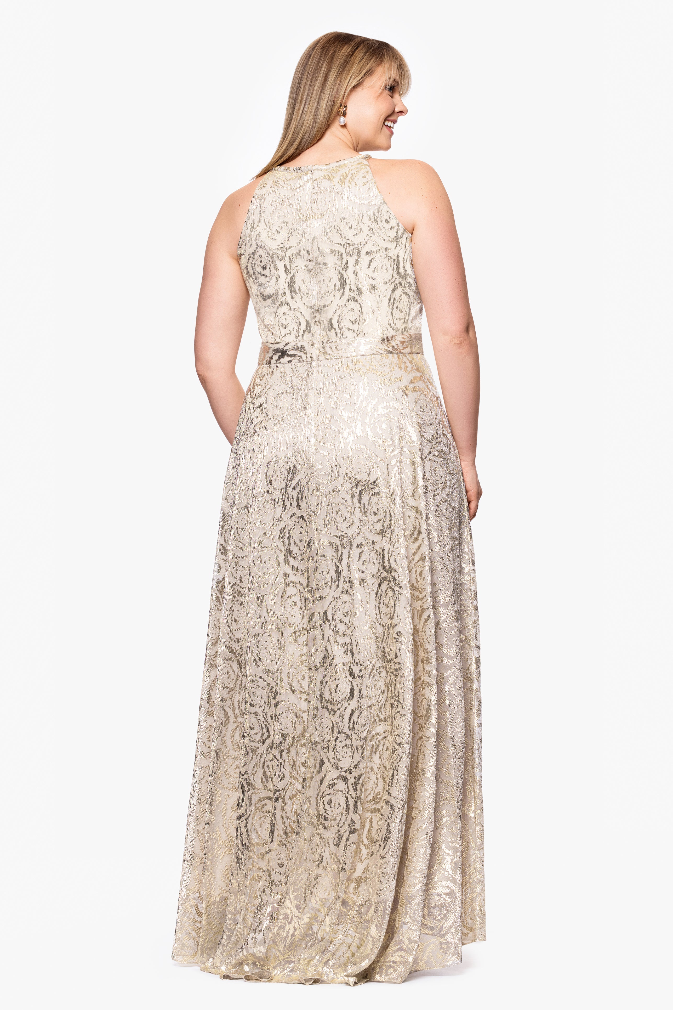 Plus "Luanne" Metallic Foil Halter Neck Floor Length Dress