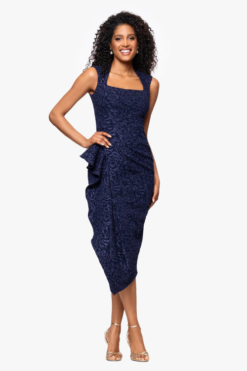 "Elise" Jacquard Knee Length Ruffle Square Neck Dress
