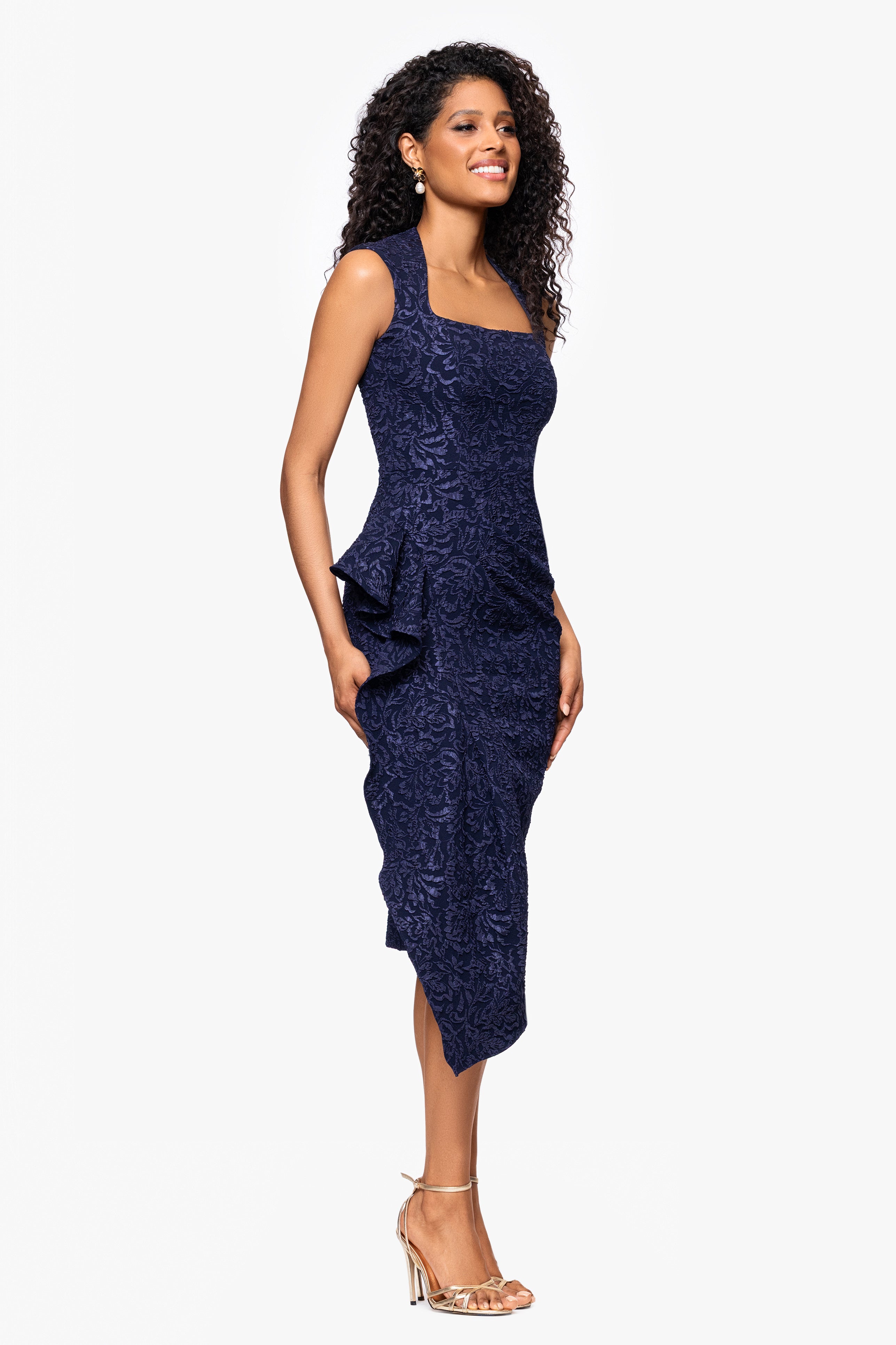 "Elise" Jacquard Knee Length Ruffle Square Neck Dress