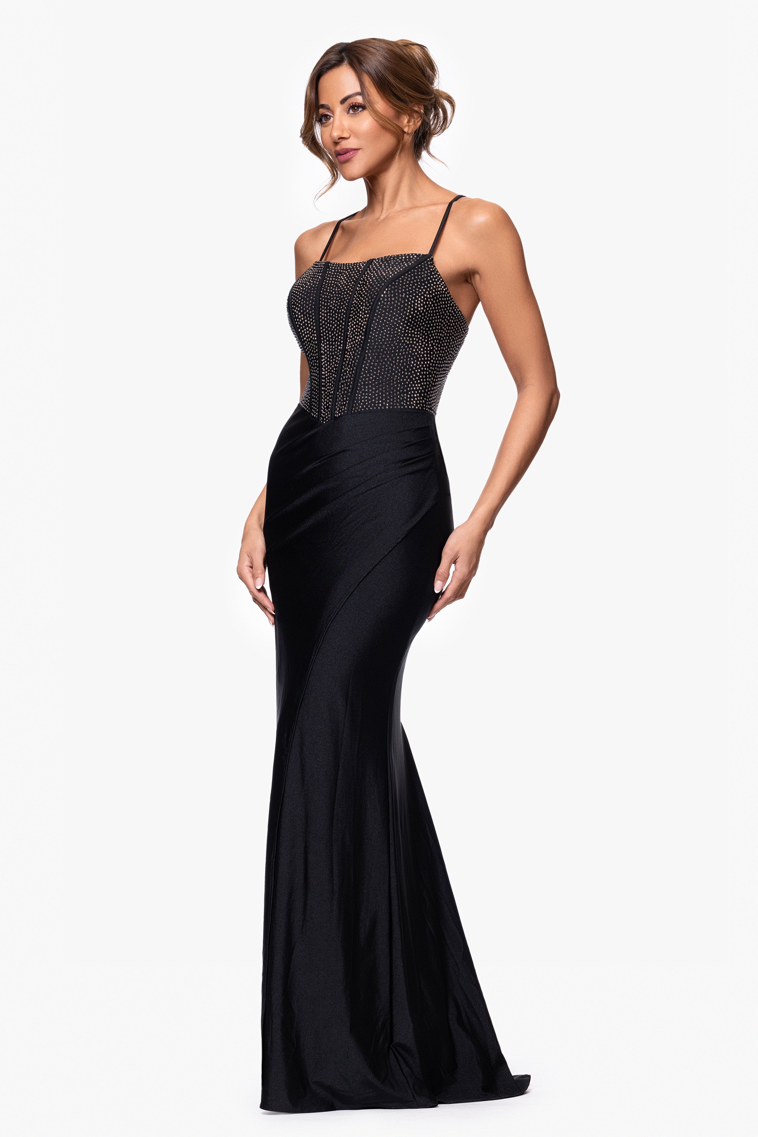 "Cara" Satin Stone Corset Floor Length Dress