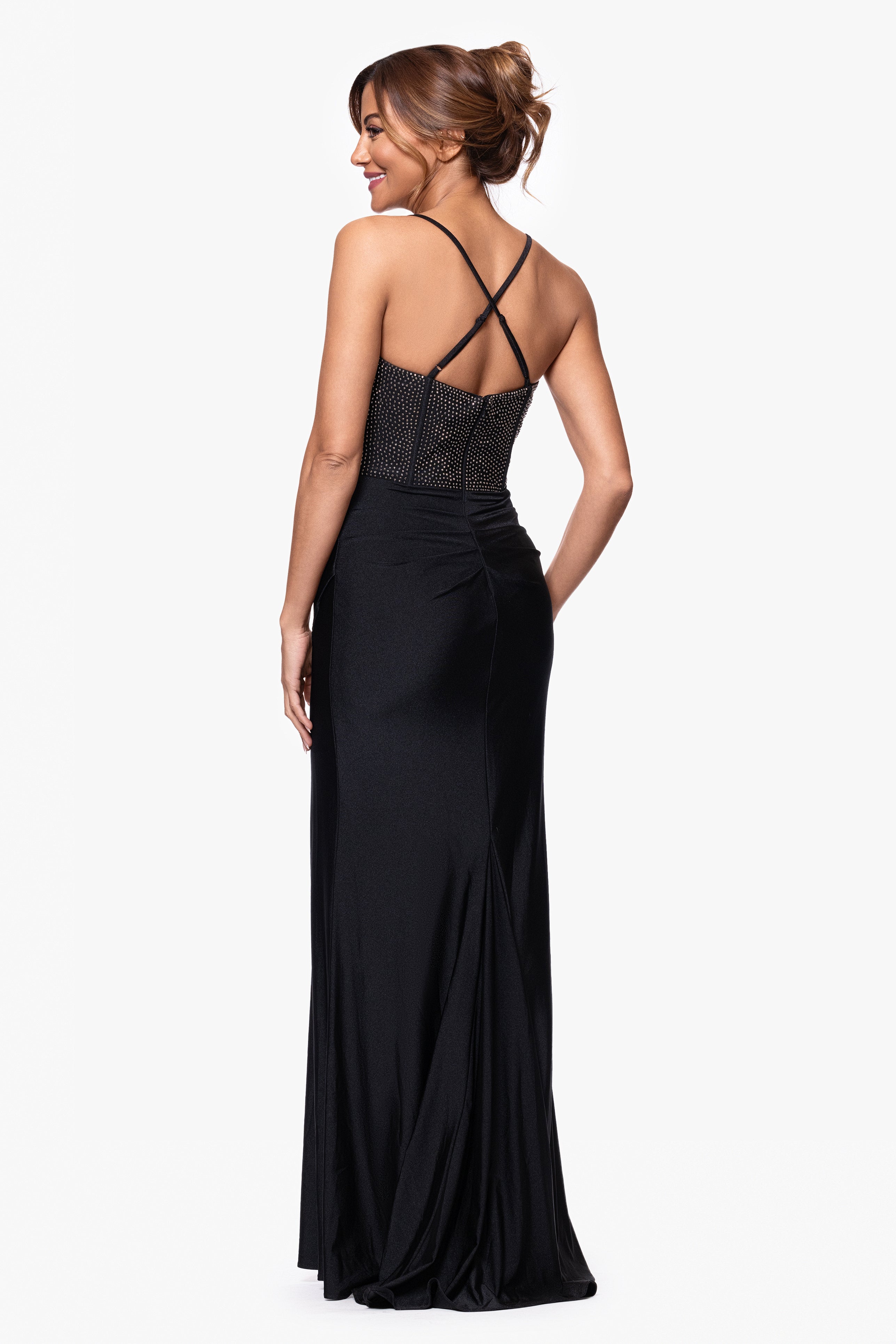 "Cara" Satin Stone Corset Floor Length Dress