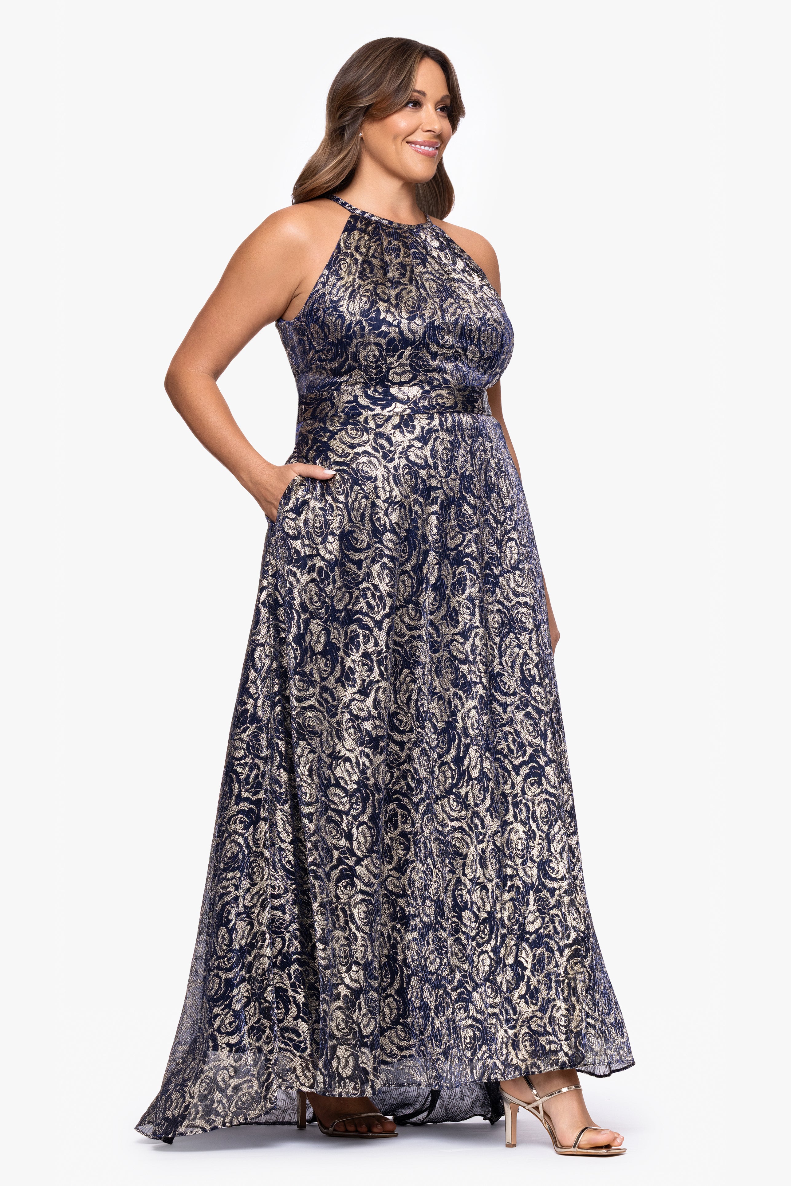 Plus "Shelley" Metallic Foil Halter Neck Floor Length Dress