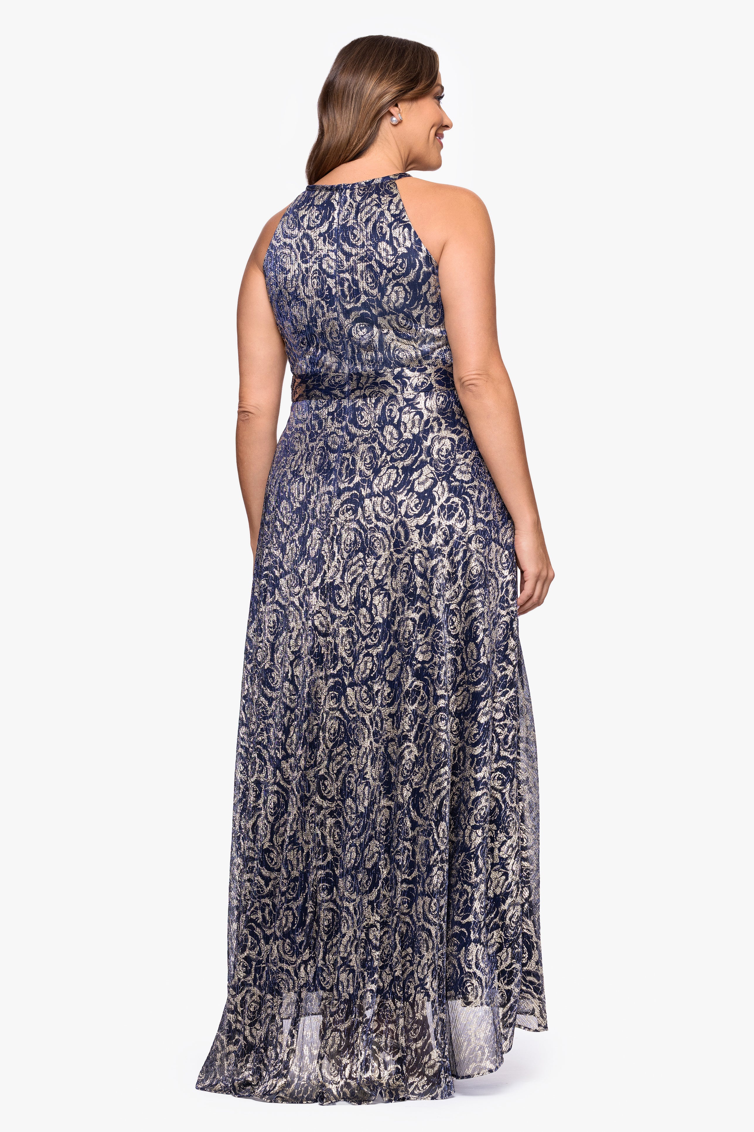 Plus "Shelley" Metallic Foil Halter Neck Floor Length Dress
