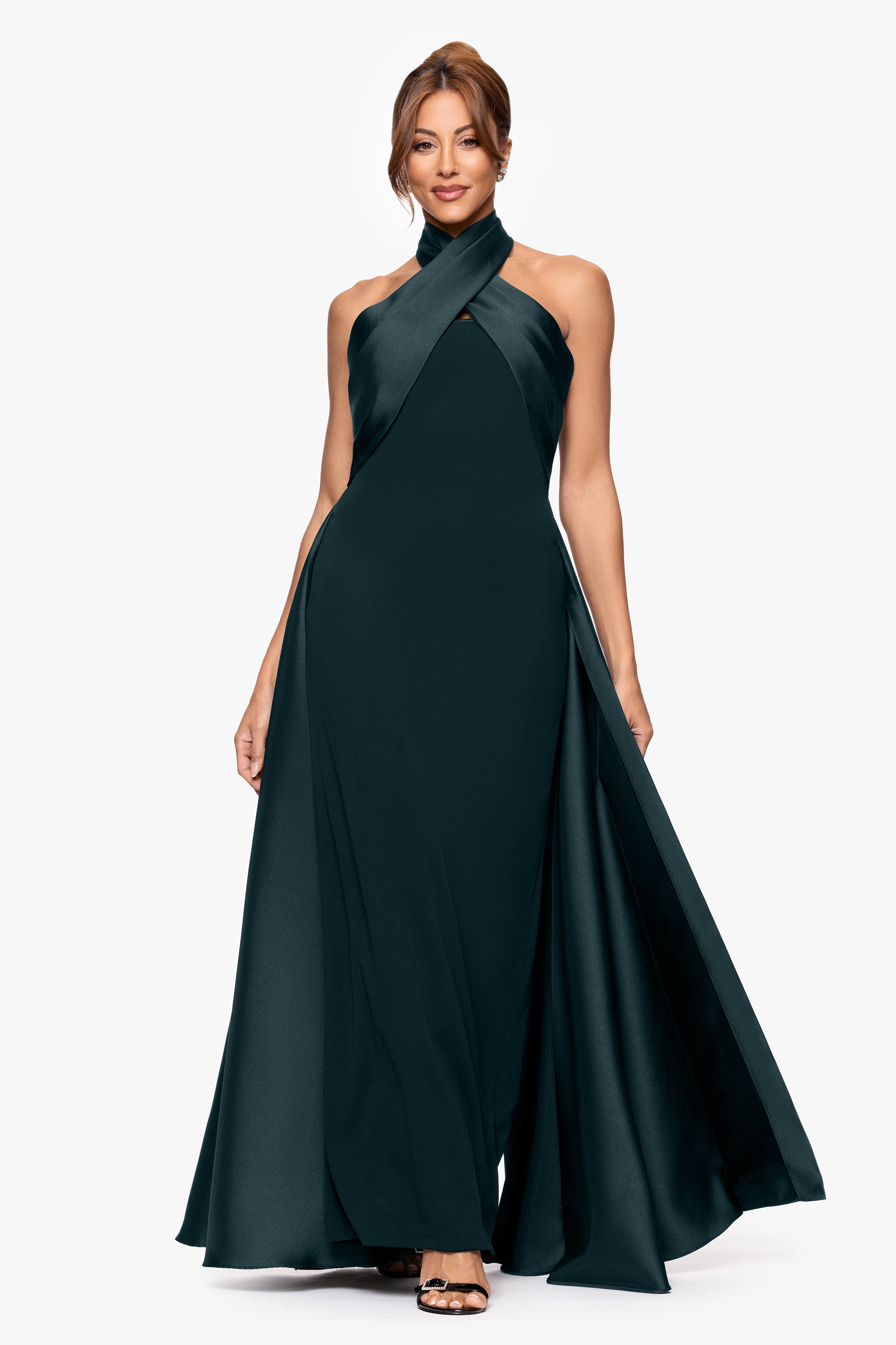 "Dina" Scuba Crepe Twist Halter Neck Floor Length Gown