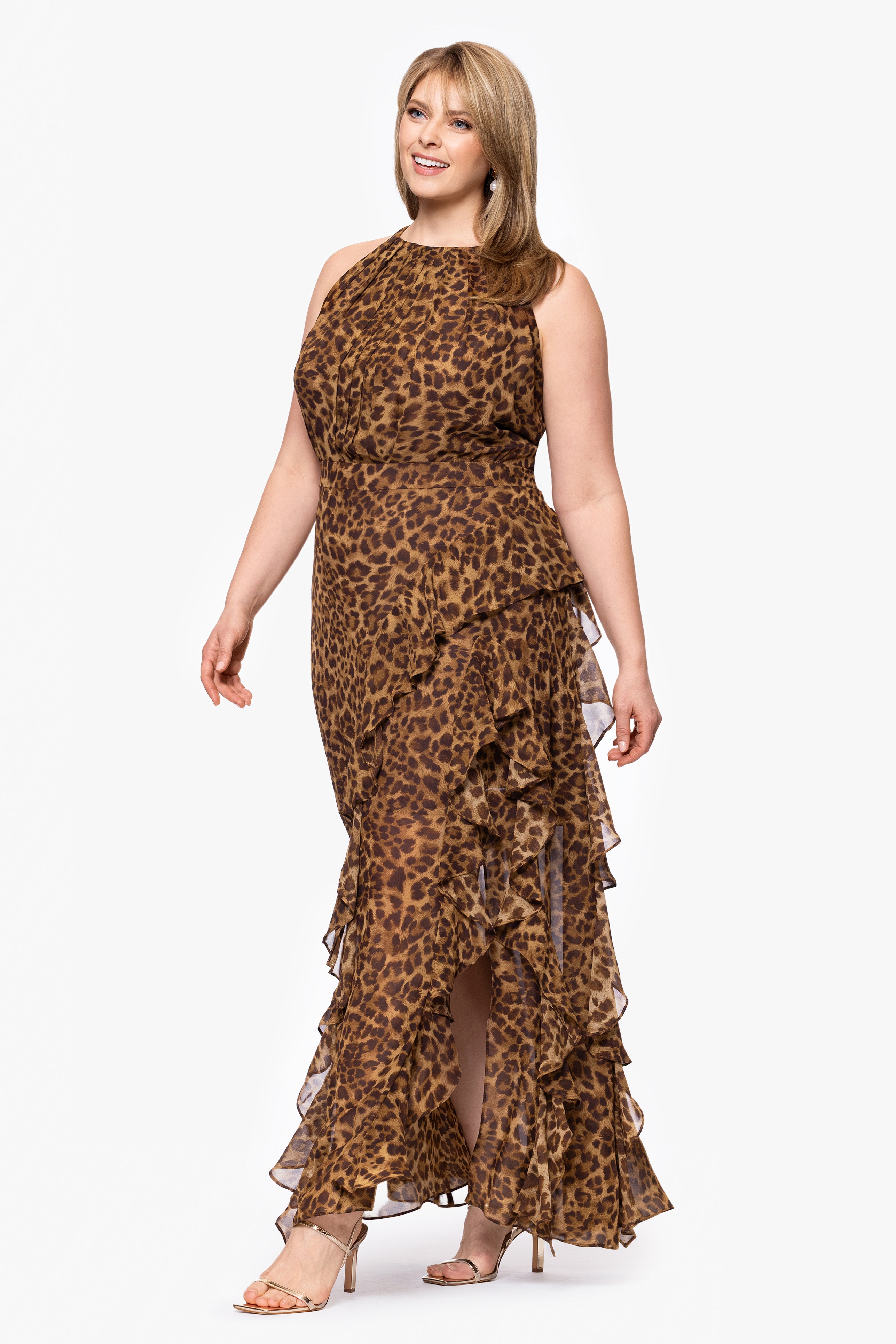 Plus "Andie" Print Chiffon Halter Neck Ruffle Floor Length Dress