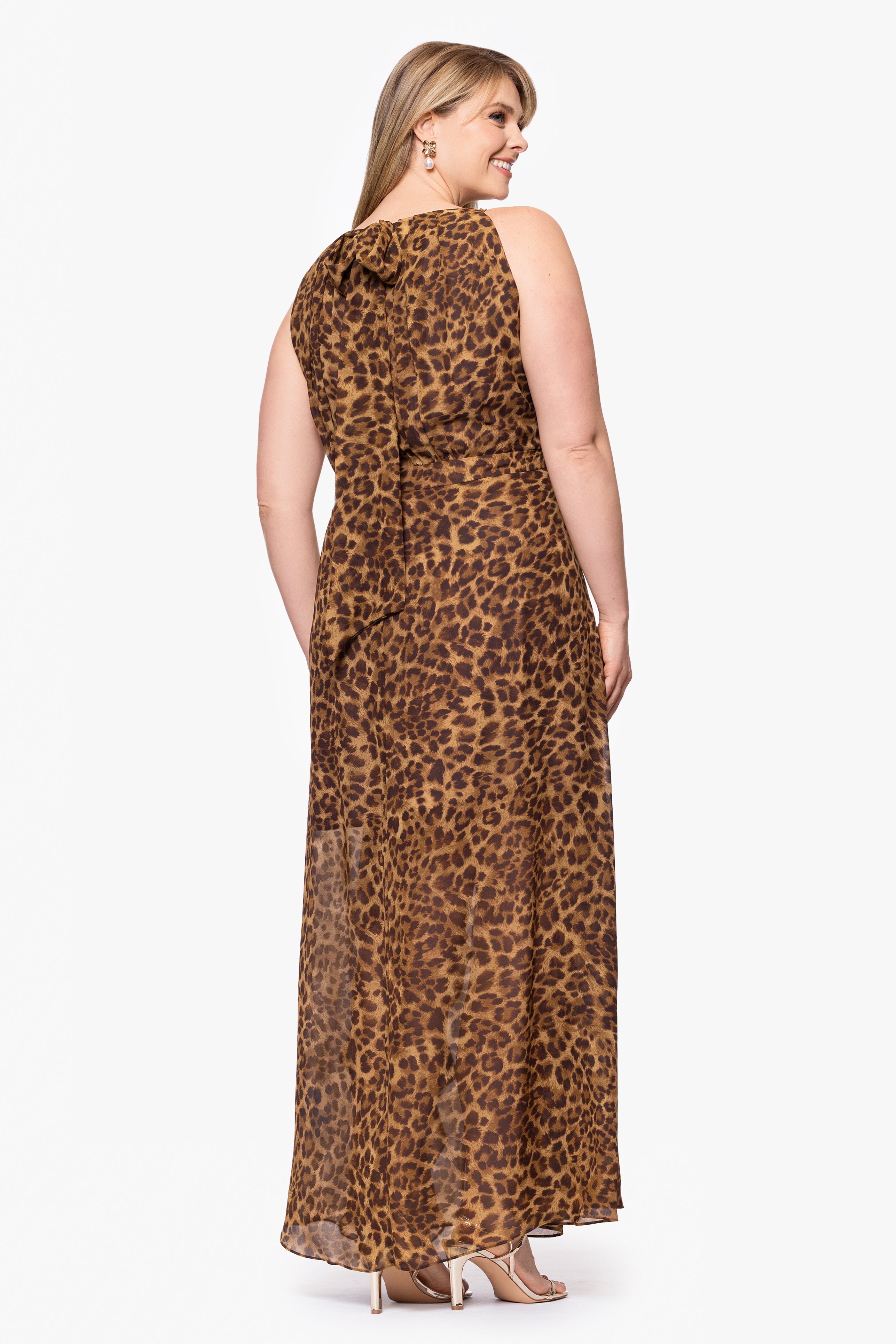 Plus "Andie" Print Chiffon Halter Neck Ruffle Floor Length Dress
