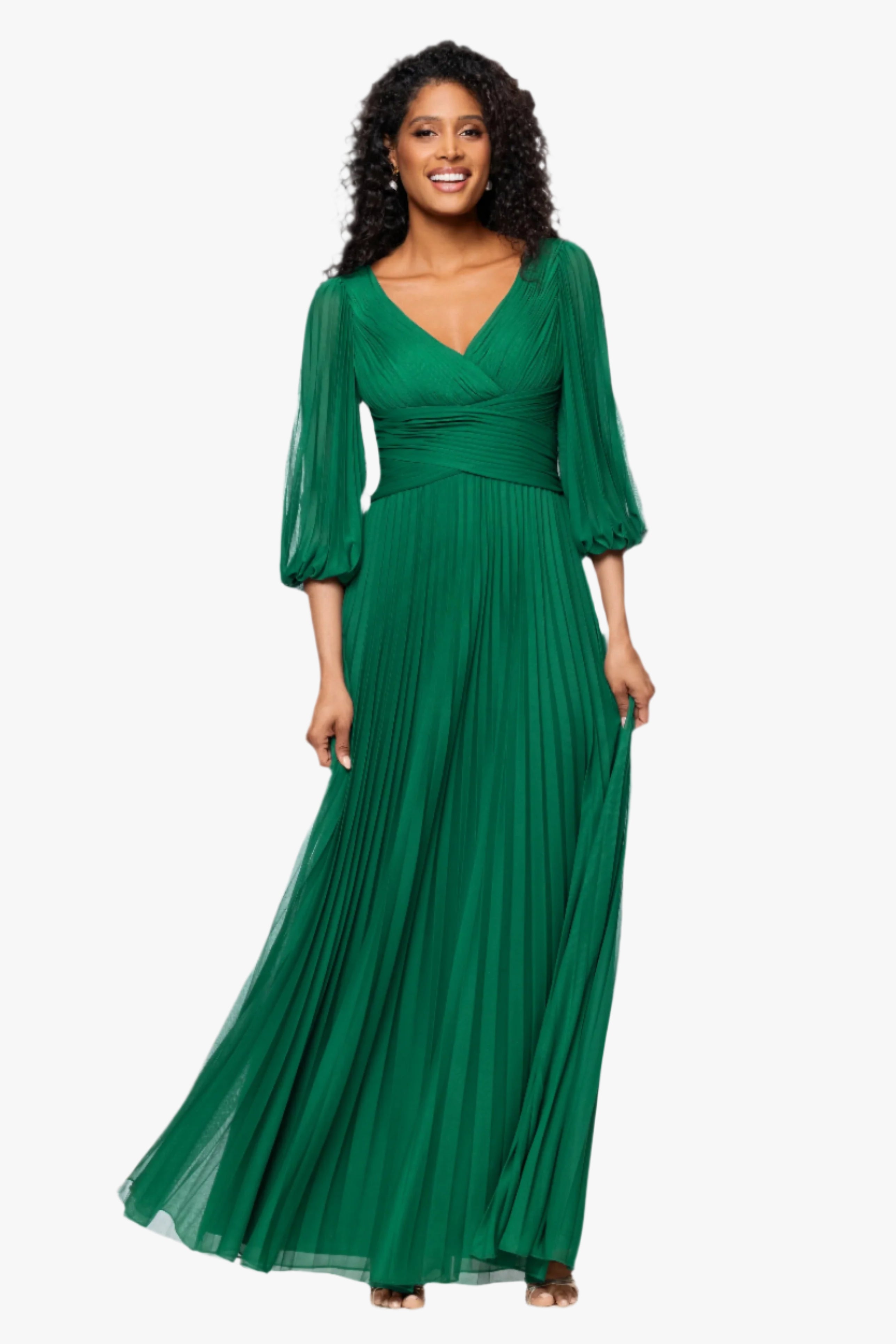 Petite "Saraya" Sheer Matter Jersey 3/4 Sleeve V-Neck Floor Length Dress