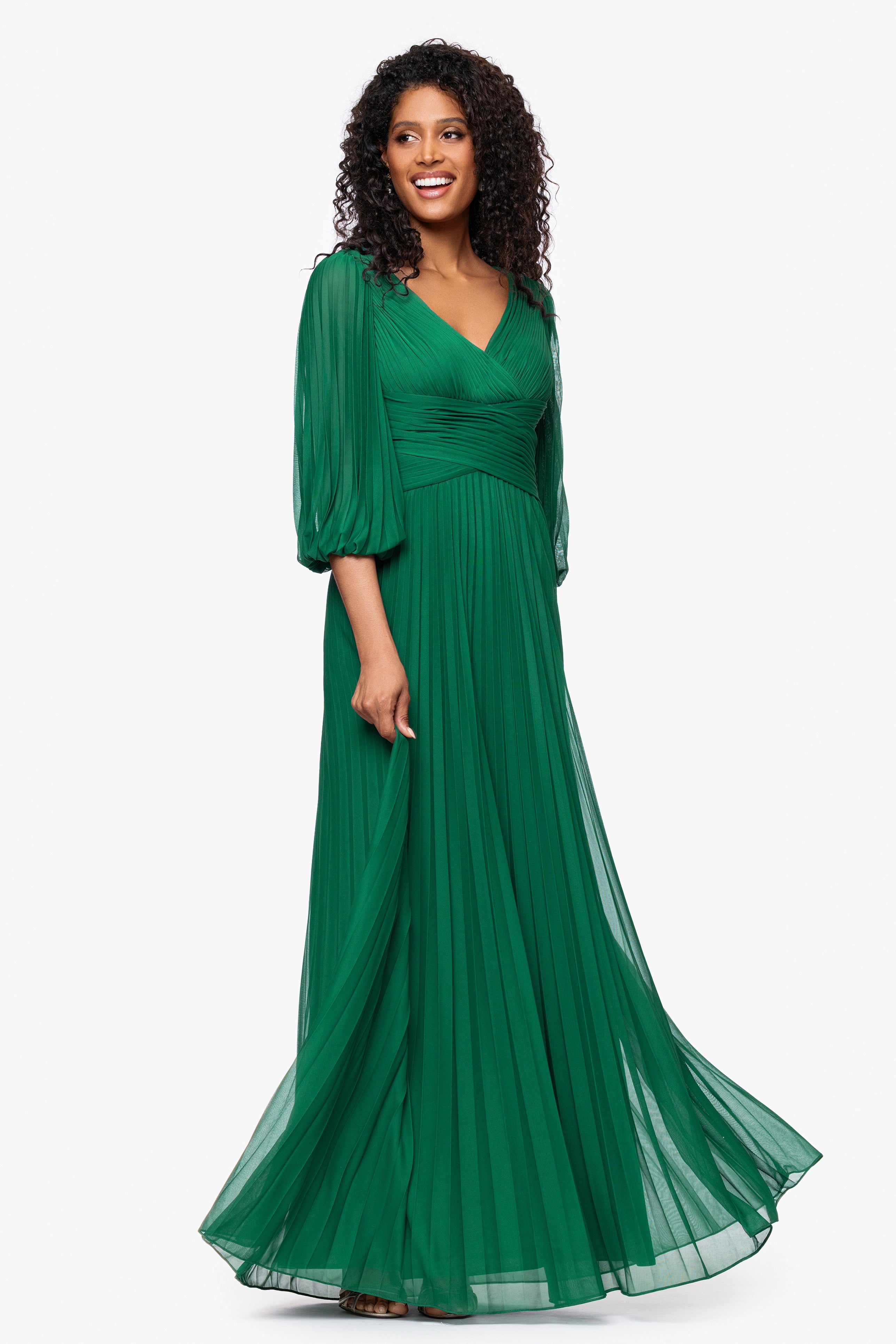 "Saraya" Sheer Matter Jersey 3/4 Sleeve V-Neck Floor Length Dress