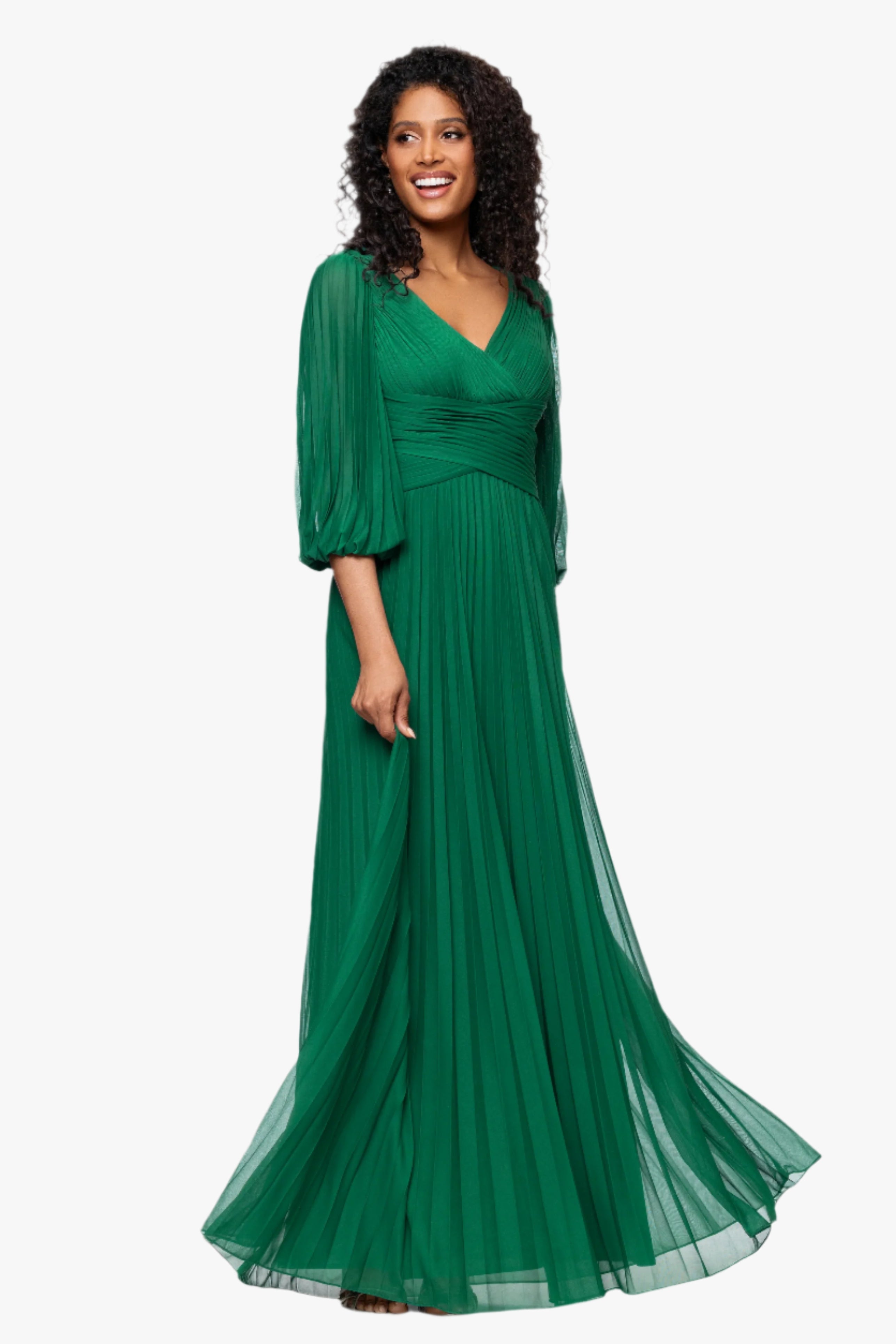 Petite "Saraya" Sheer Matter Jersey 3/4 Sleeve V-Neck Floor Length Dress