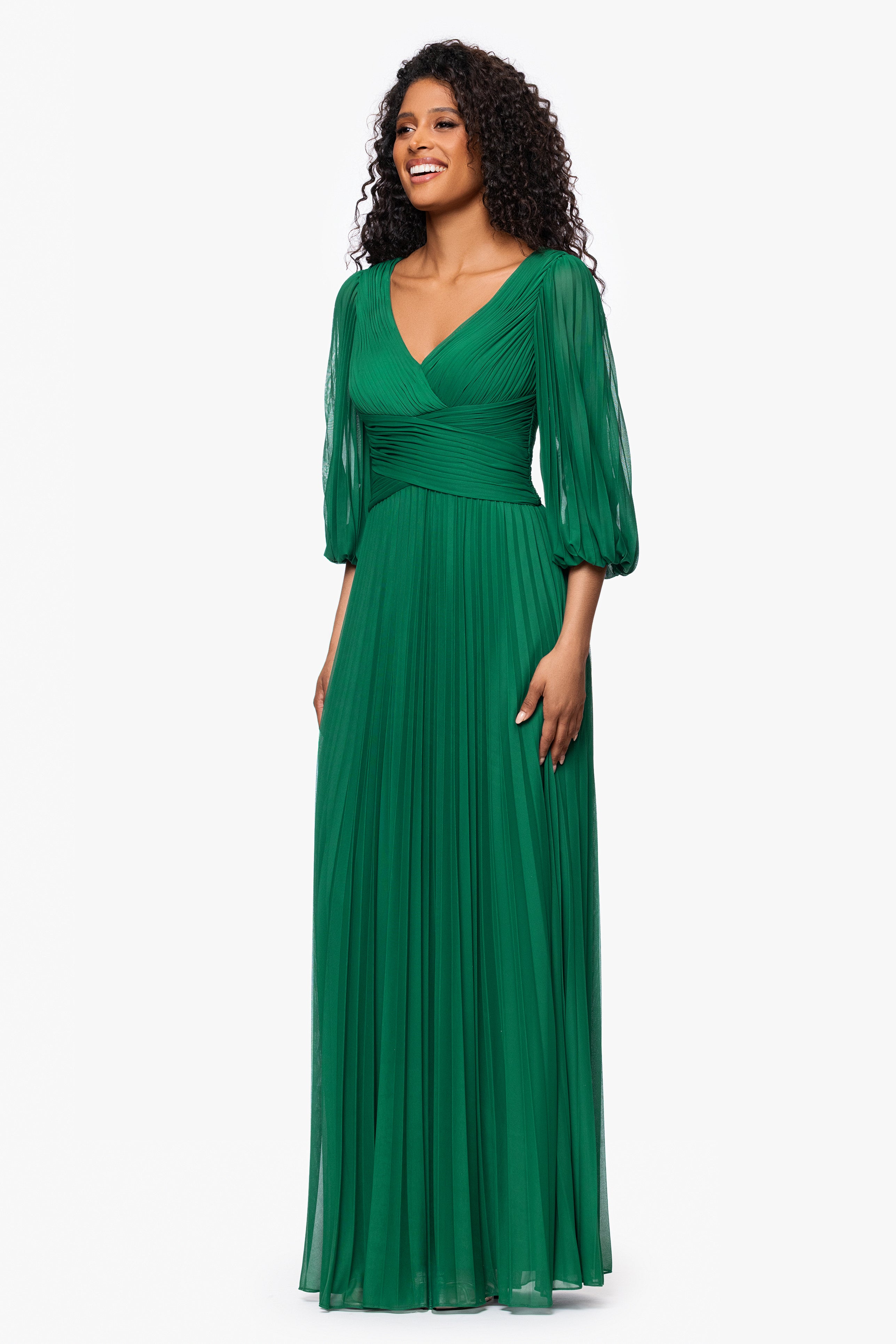 "Saraya" Sheer Matter Jersey 3/4 Sleeve V-Neck Floor Length Dress